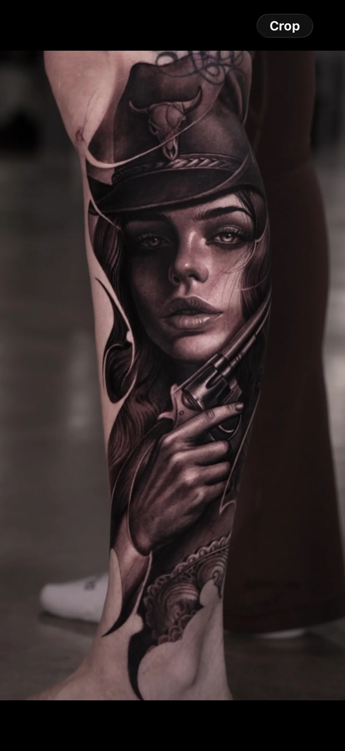 Black & Gray Realism tattoo by Gara: woman, hat, revolver, hand