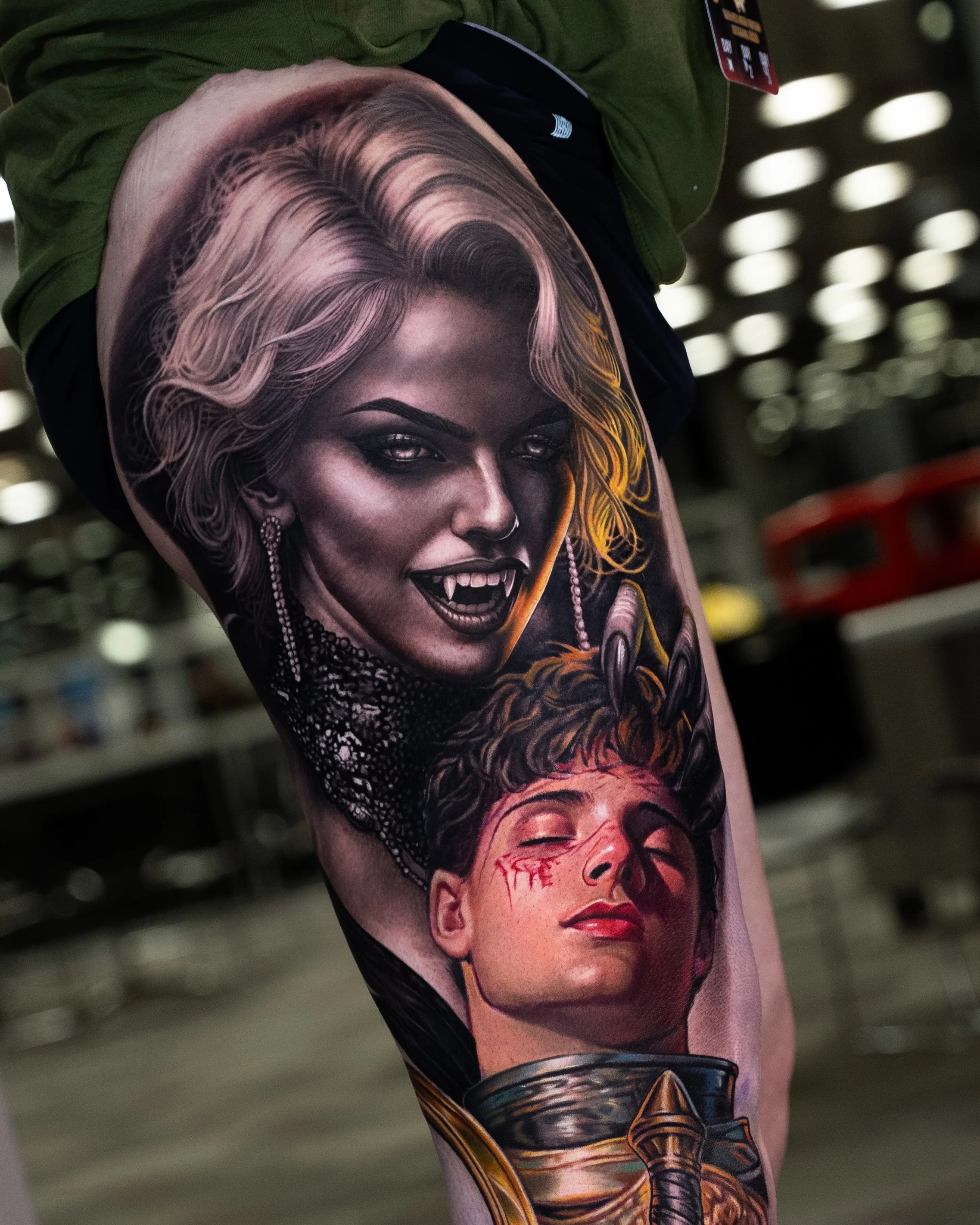Color Realism tattoo by Gara: woman, man, vampire, blood