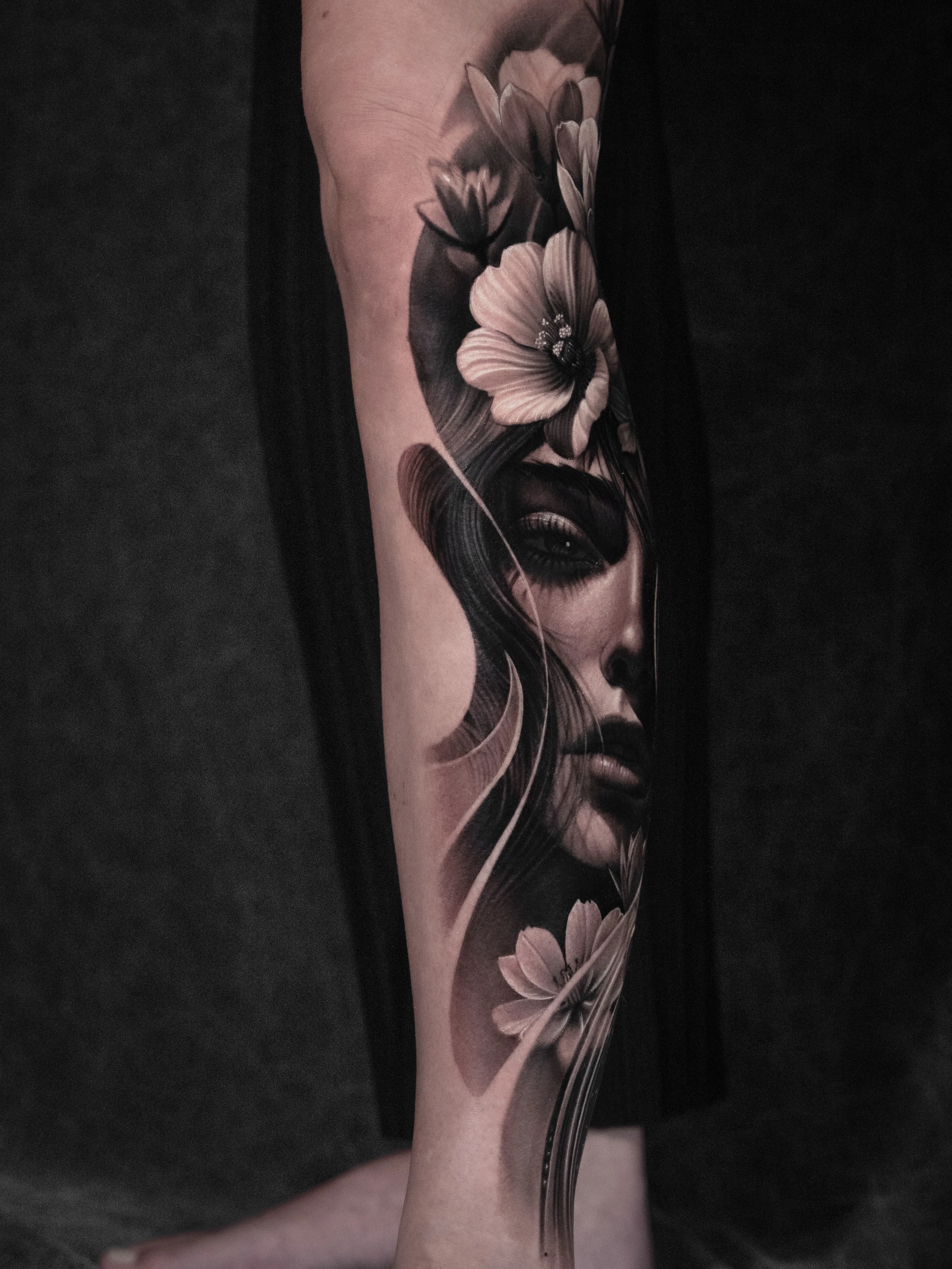 Black & Gray Realism tattoo by Gara: woman, flower, hair, face