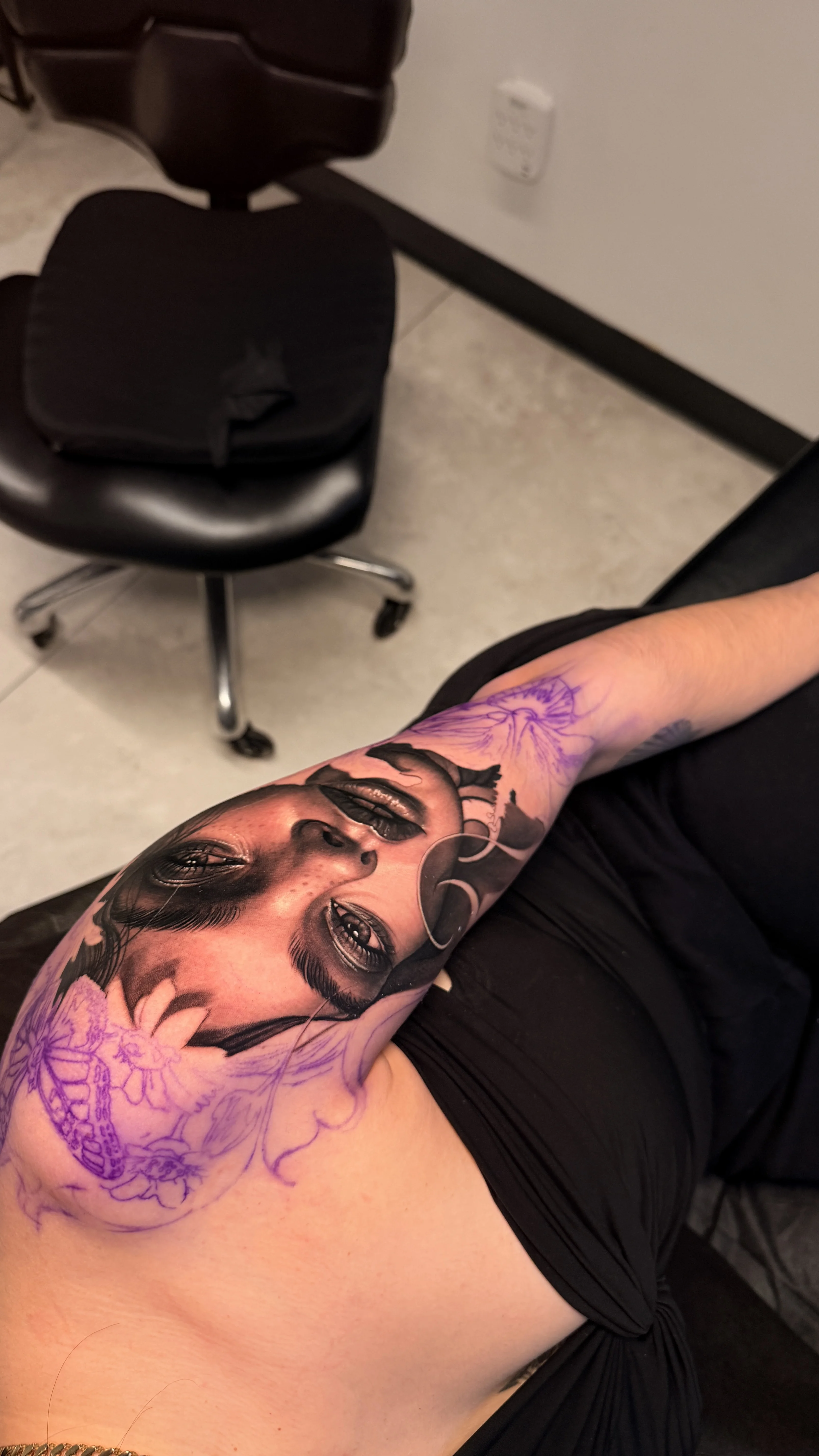 Black & Gray Realism tattoo by Gara: woman, face, skull, flower