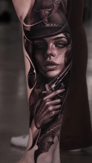 Woman with Revolver Full Leg