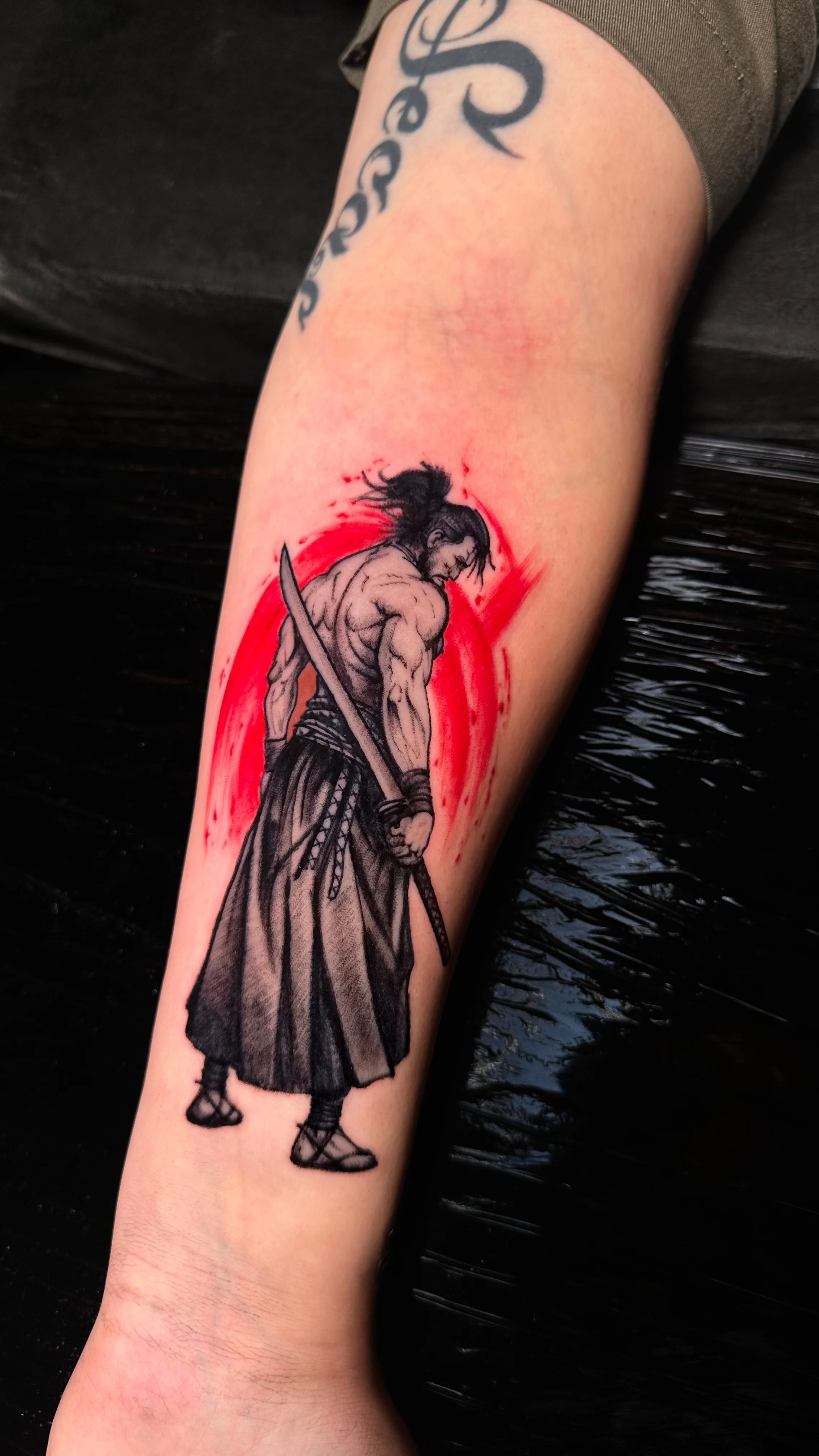 Black & Gray Realism tattoo by Ser. Alex: samurai, katana, muscular man, hair bun