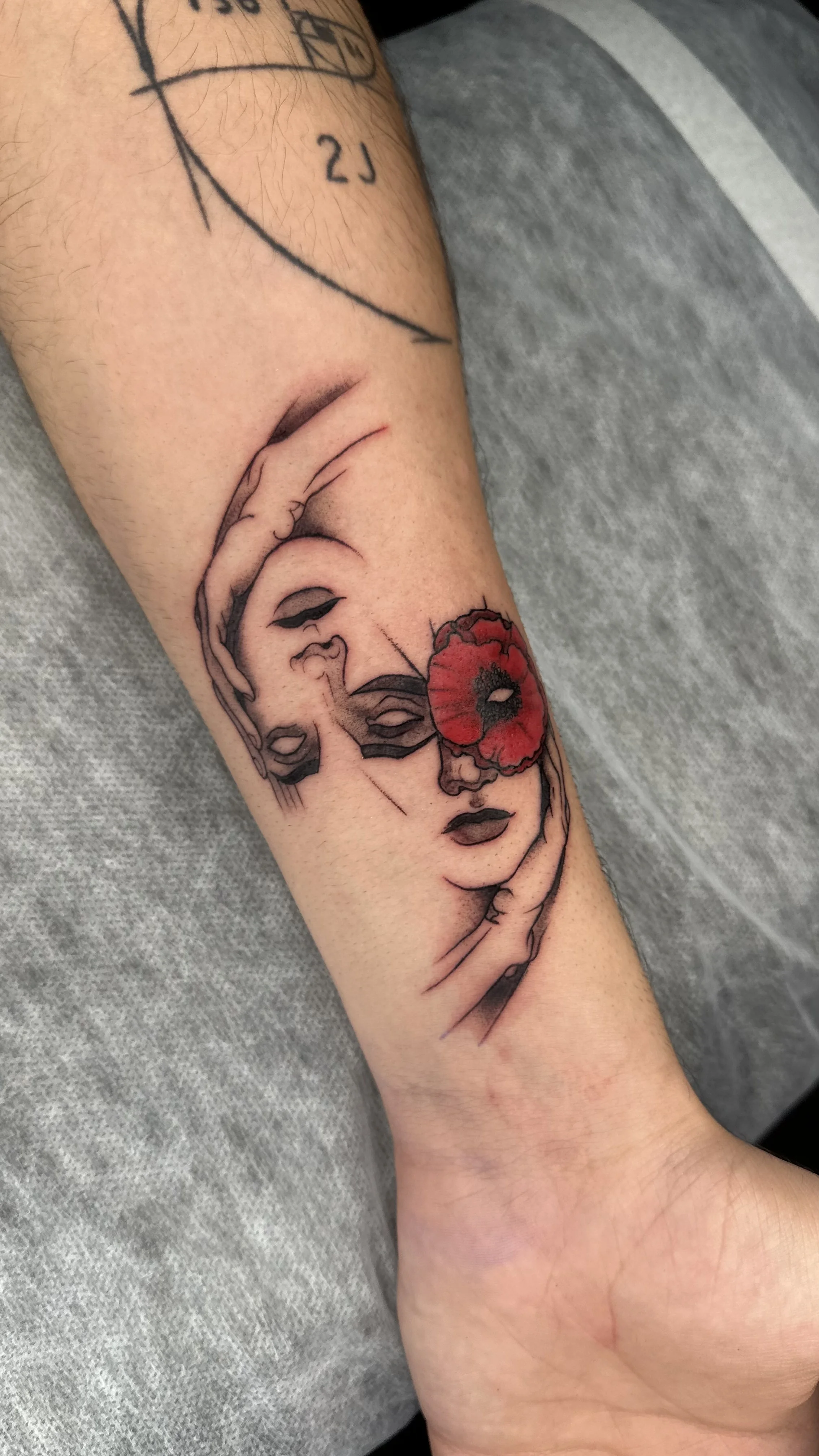 Fine Line tattoo by Ser. Alex: hands, woman face, flower, surrealism