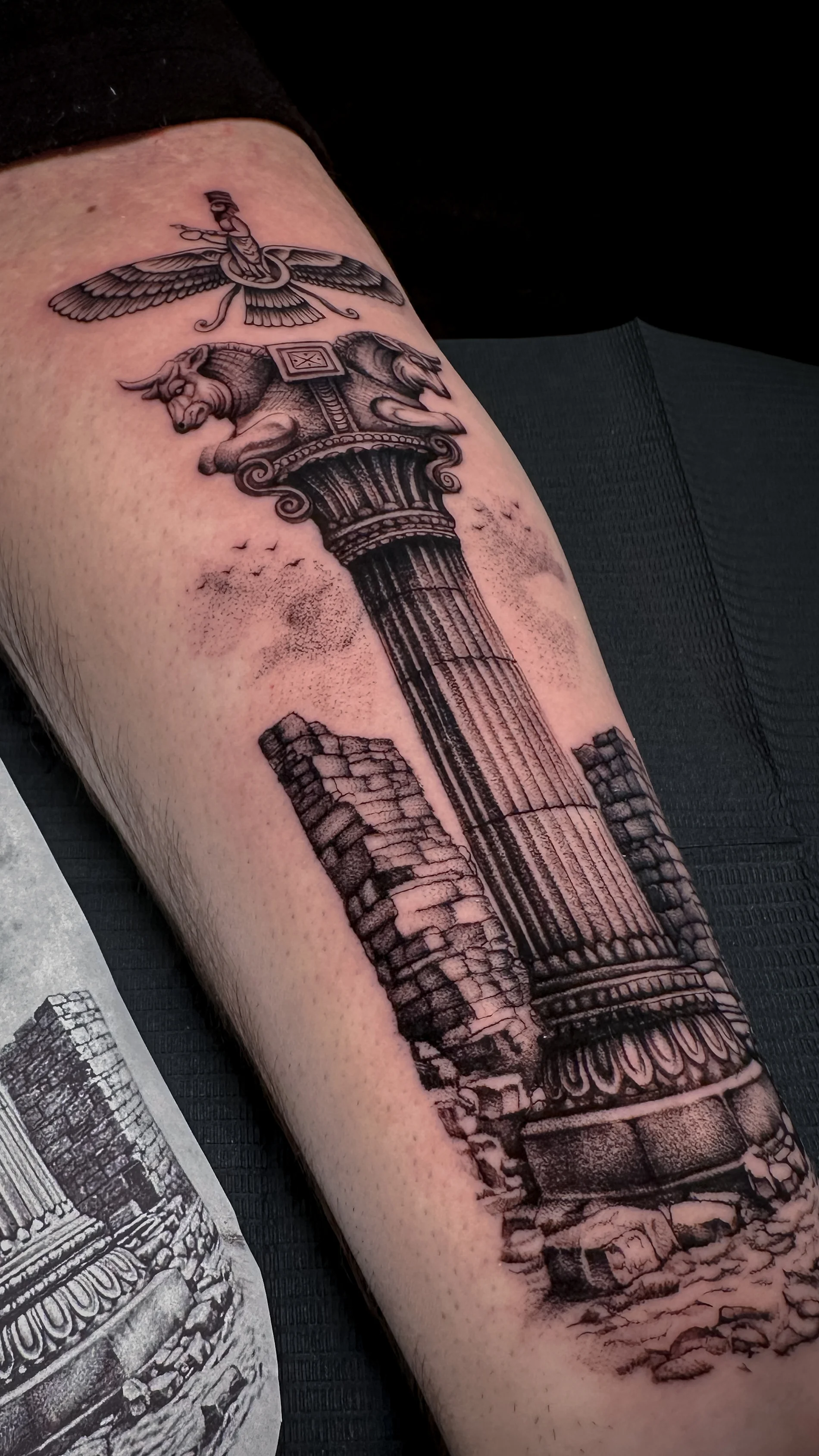 Black & Gray Realism tattoo by Ser. Alex: column, bull, lion, bird