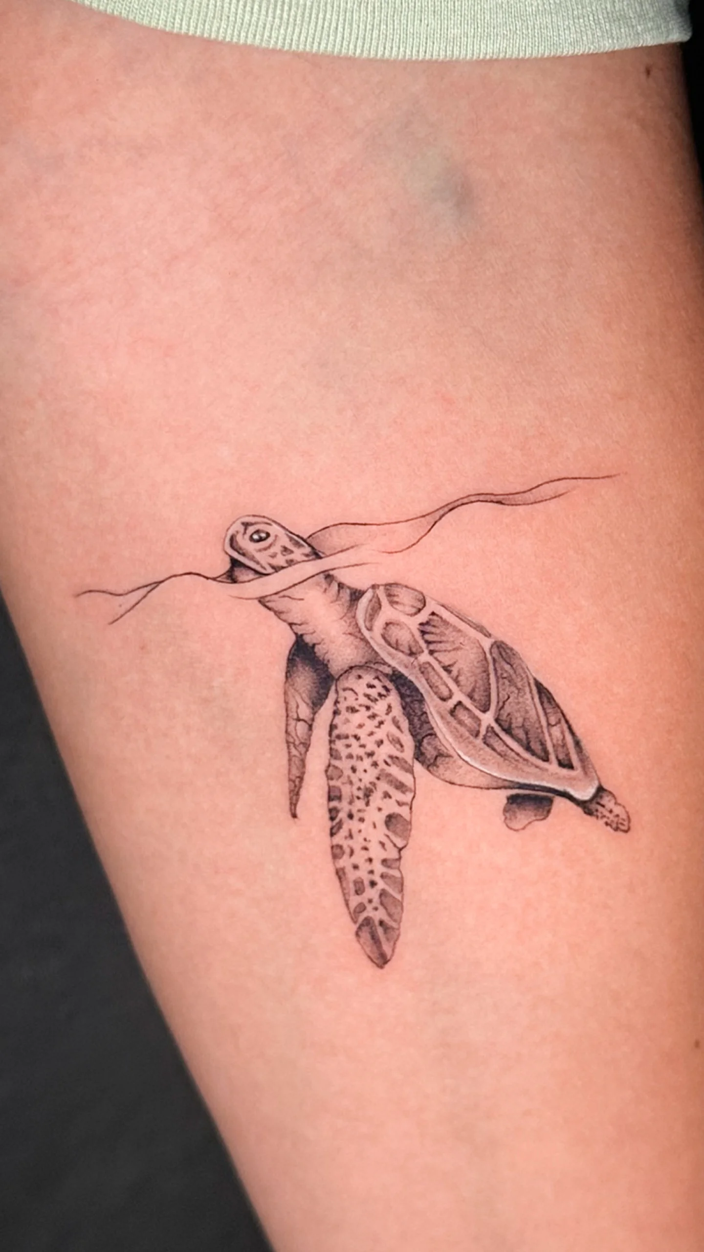 Black & Gray Realism tattoo by Ser. Alex: sea turtle, water surface, nature, animal