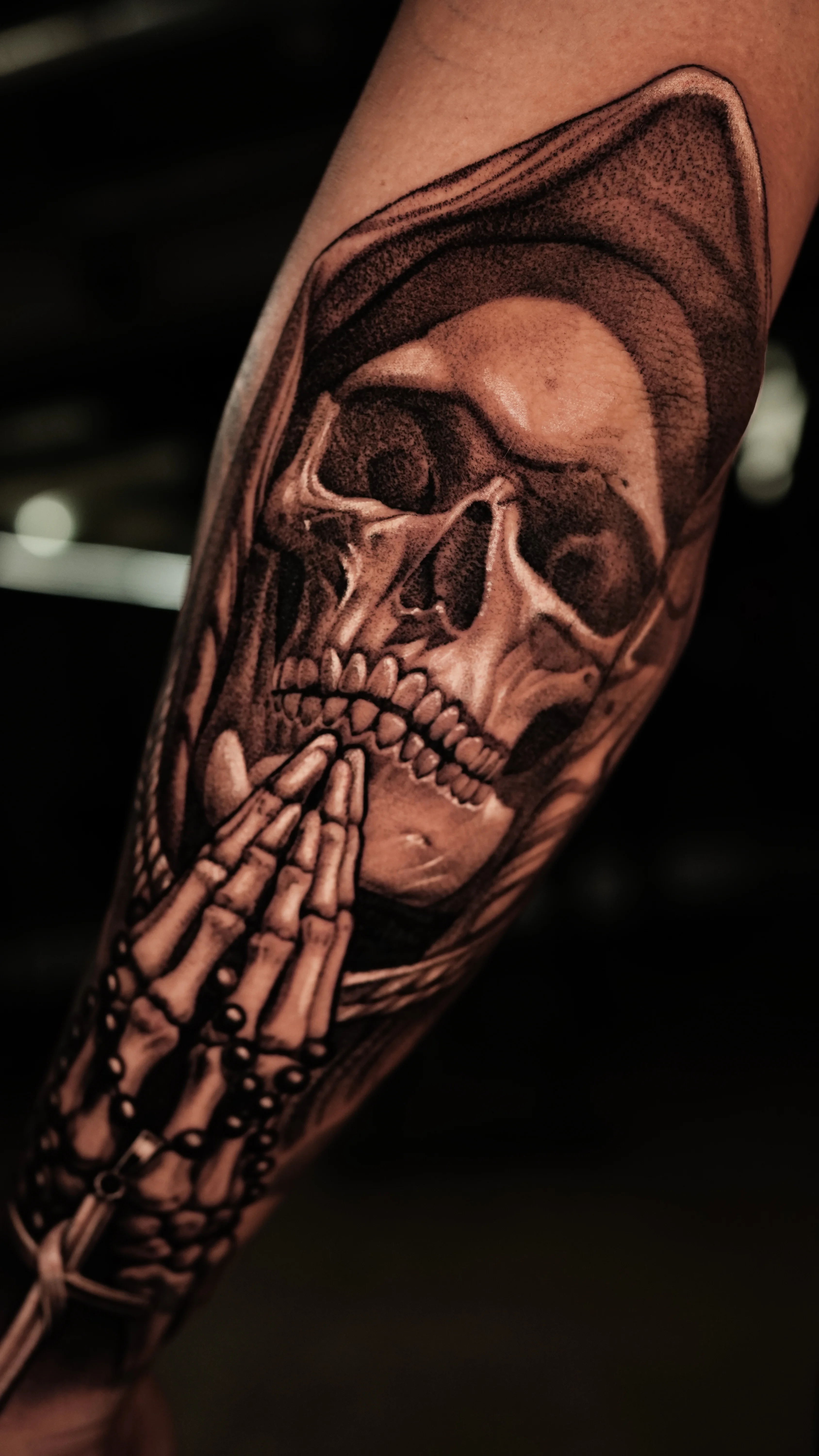 Praying Hands Skull Forearm: skull, praying hands, rosary beads, hood, religious, spiritual