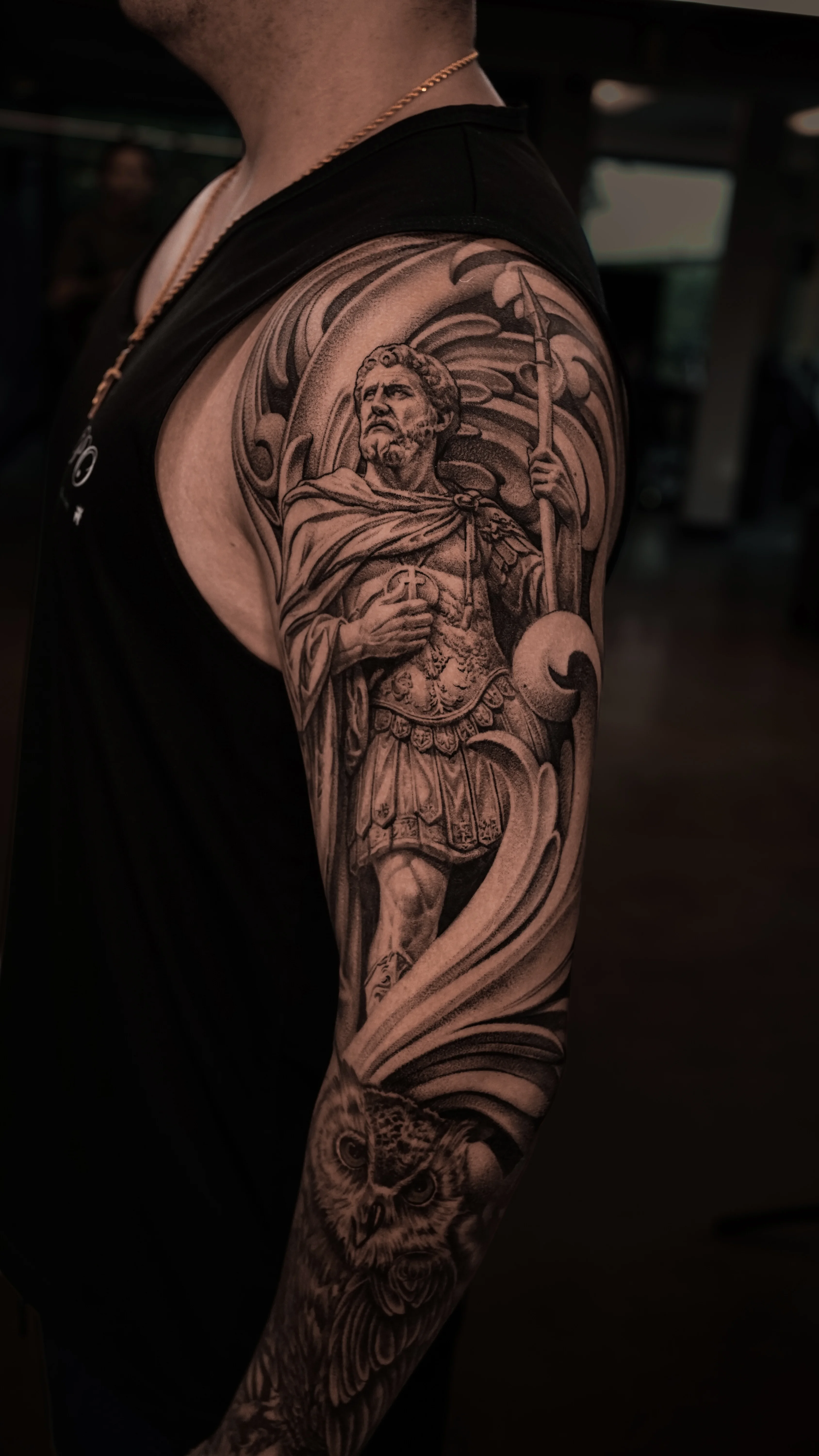 Black & Gray Realism tattoo by MK tattoo: roman soldier, spear, shield, armor