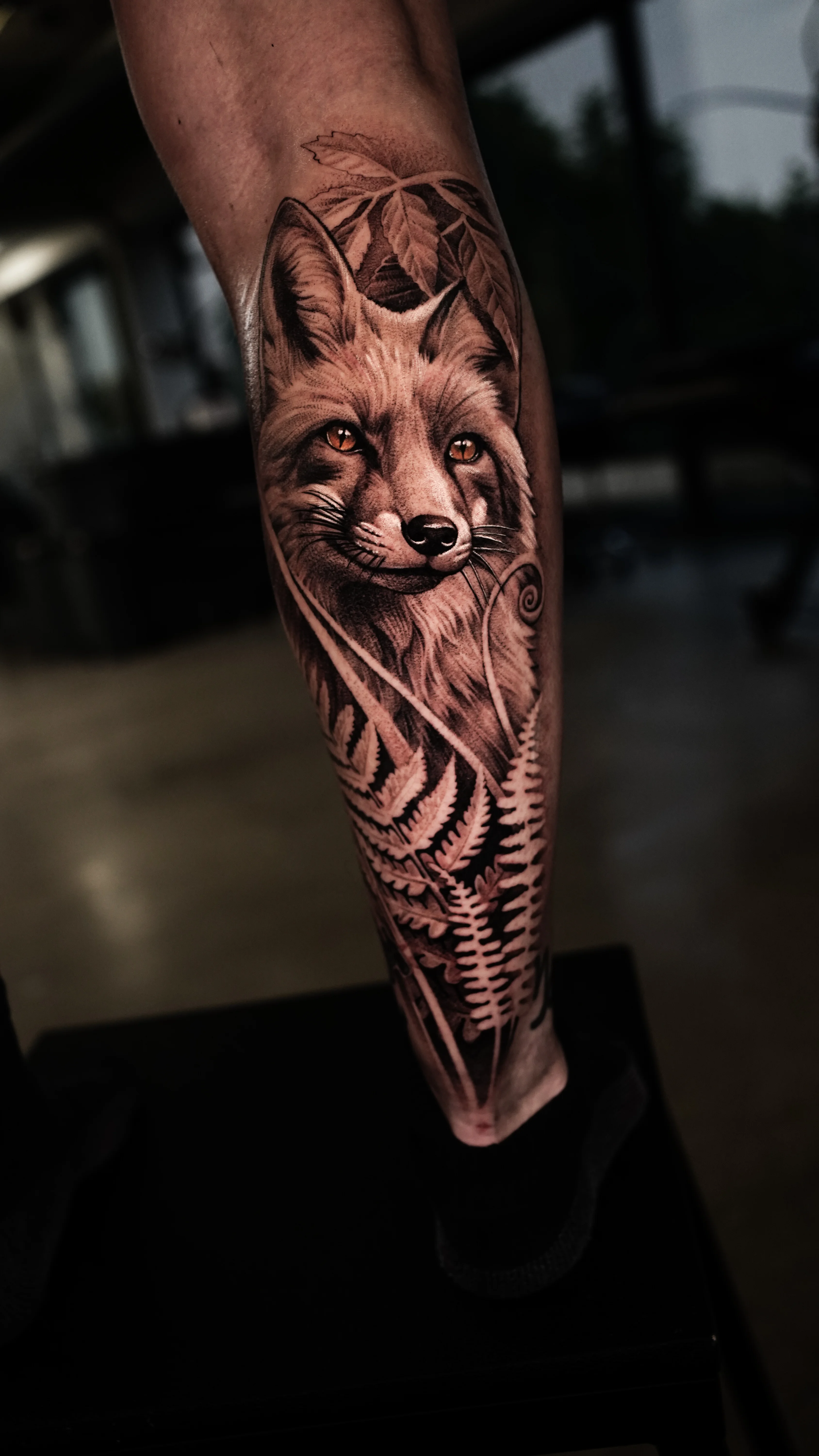 Black & Gray Realism tattoo by MK tattoo: fox, fern leaves, leaves, animal