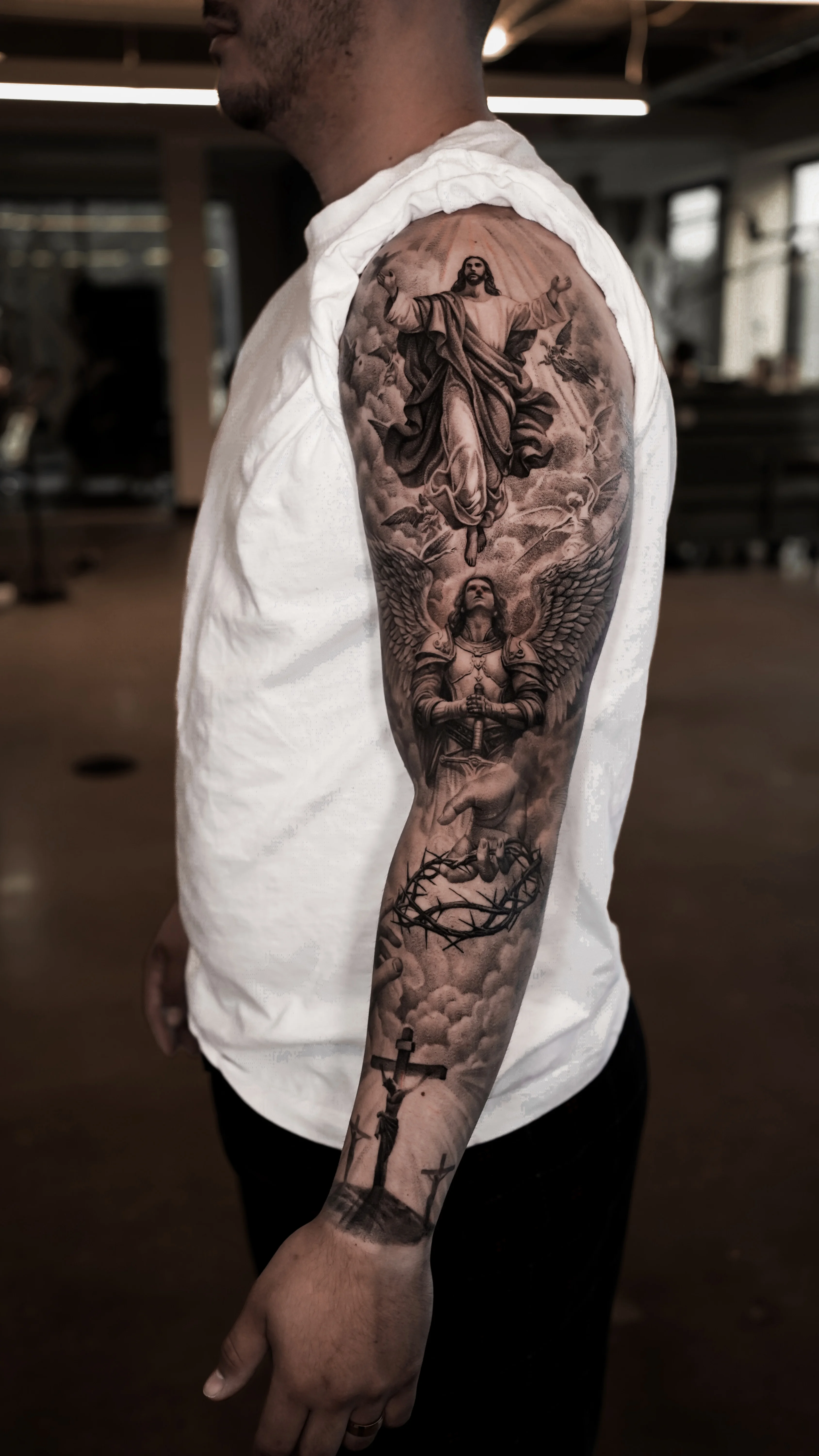 Black & Gray Realism tattoo by MK tattoo: jesus, angel, crown of thorns, cross
