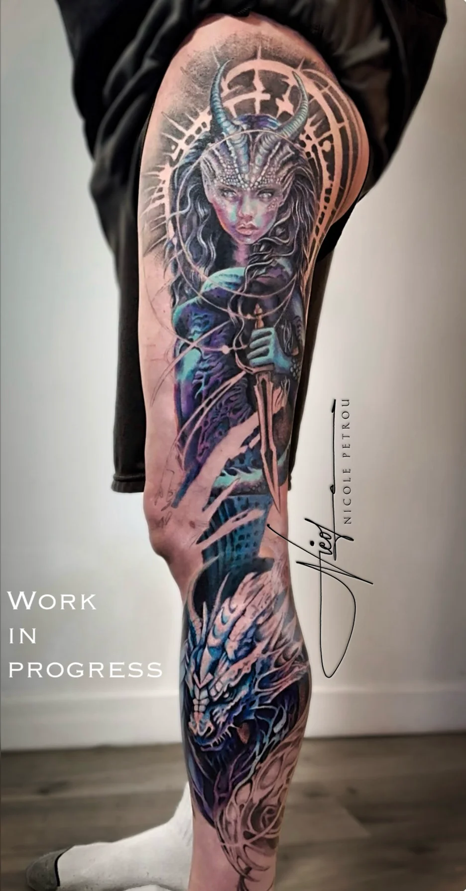 Fantasy Woman and Dragon Full Leg Sleeve wip: woman, horns, sword, dragon, scales, fantasy