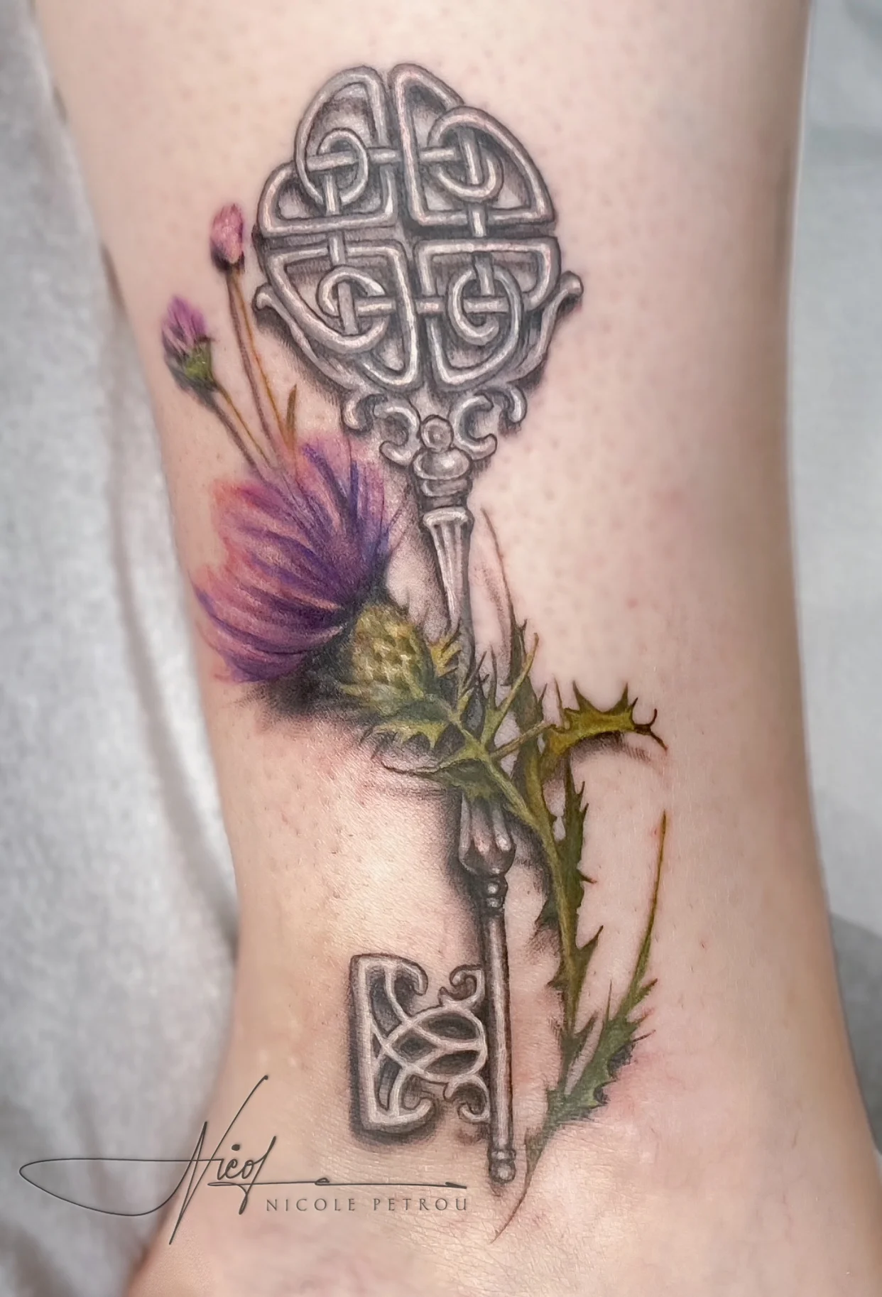 Ornate Key With Thistle Flower: ornate key, thistle flower, flower buds, green stem, floral, nature