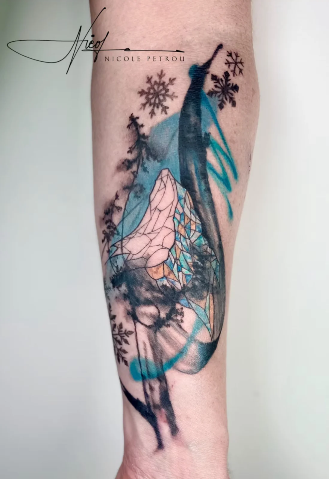 Surreal Geometric Mountain Forearm: geometric mountain, snowflakes, abstract silhouette, trees, nature, winter