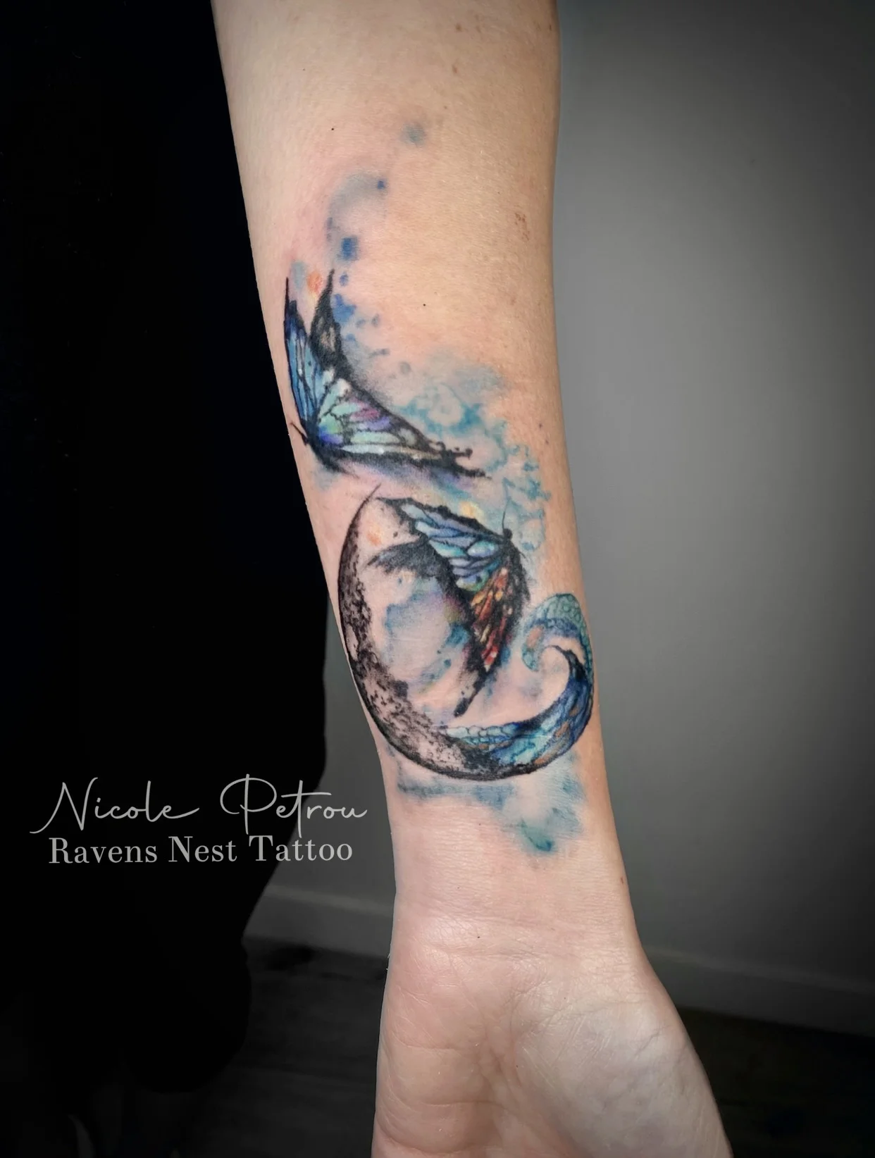Watercolor Butterfly and Moon Forearm: butterfly, moon, nature, animal, celestial, watercolor
