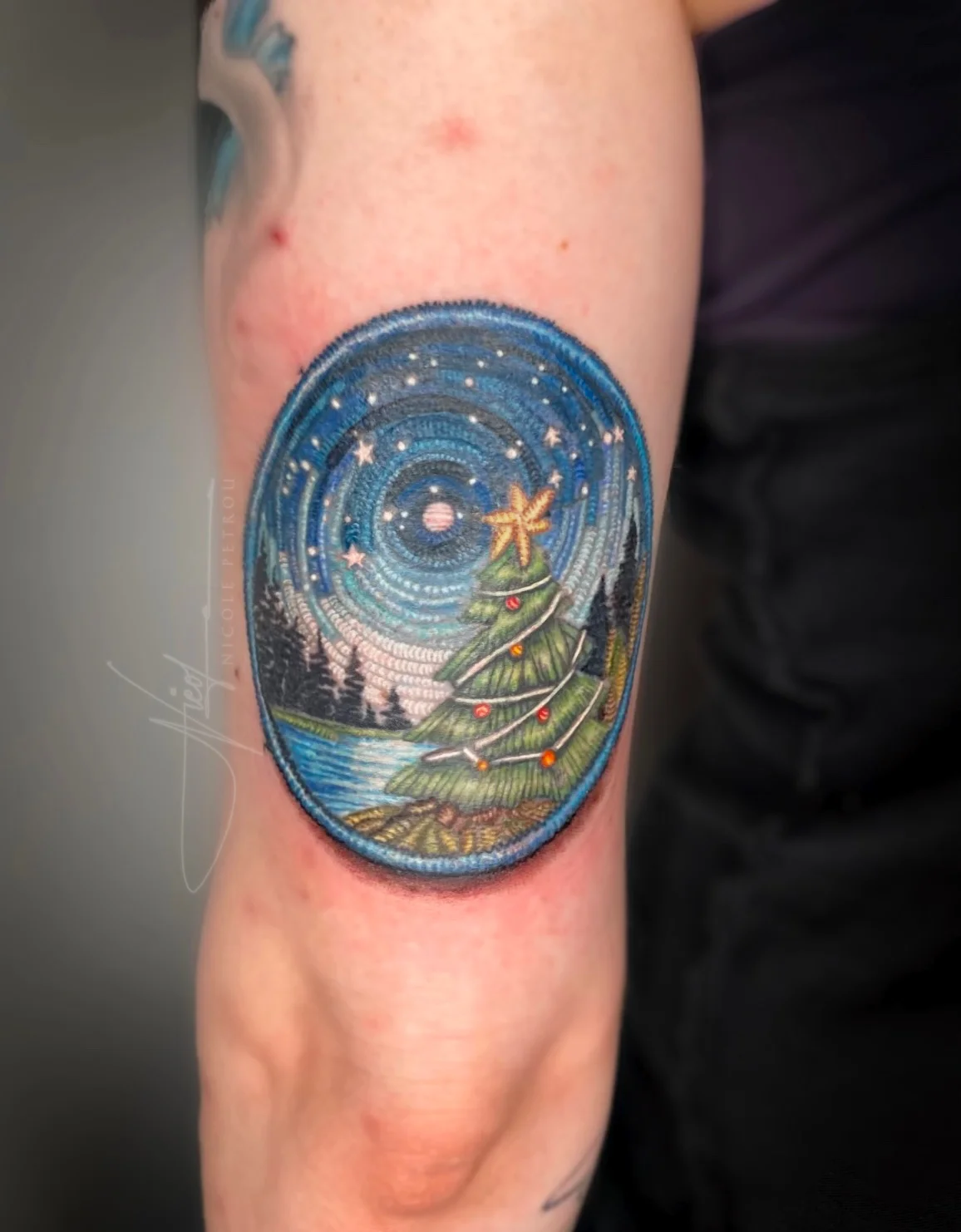 Holiday Pine Tree Night Scene patch: pine tree, star, patch, stars, river, forest