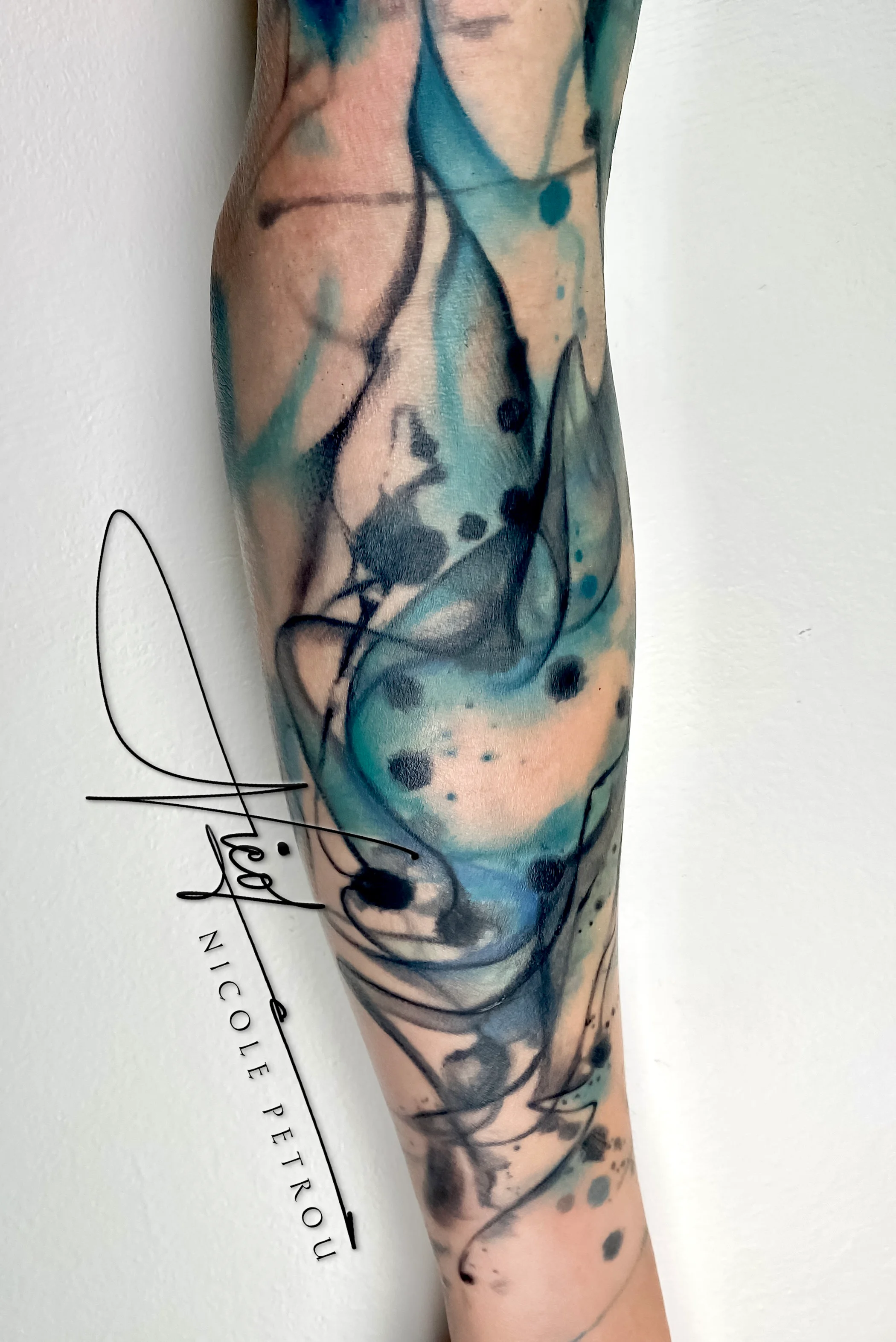 Abstract Watercolor Forearm Art: abstract shapes, ink splatters, abstract, modern, artistic, fluid