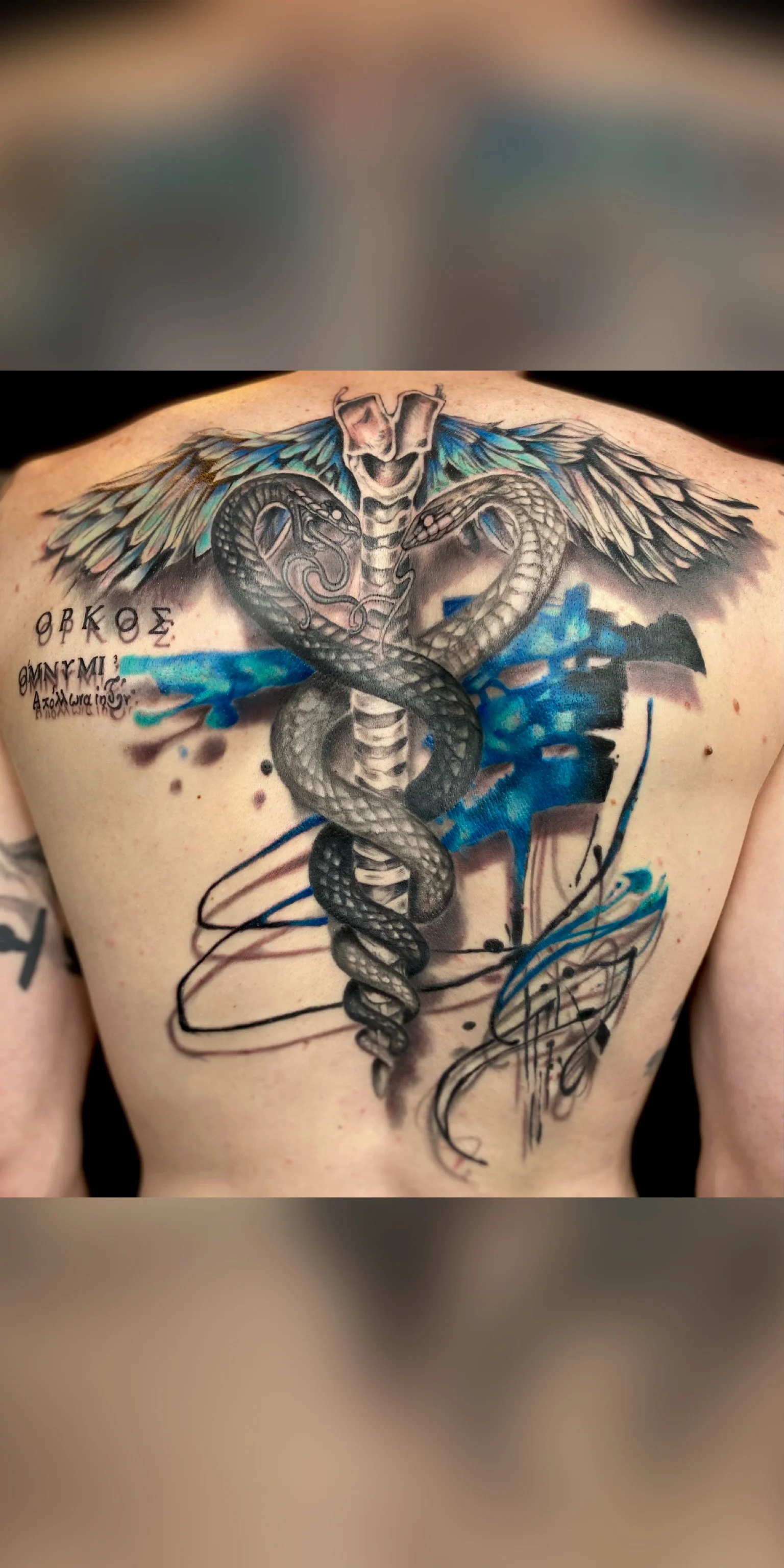 Neo-Traditional tattoo by Nicole Petrou: hippocratic oath, snakes, black, and gray