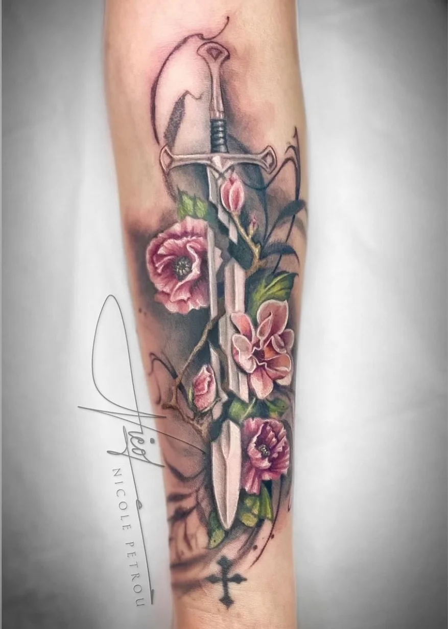 Broken Sword of Aragorn With Flower Forearm Design: sword, flowers, broken sword of aragorn, leaves, cross, floral