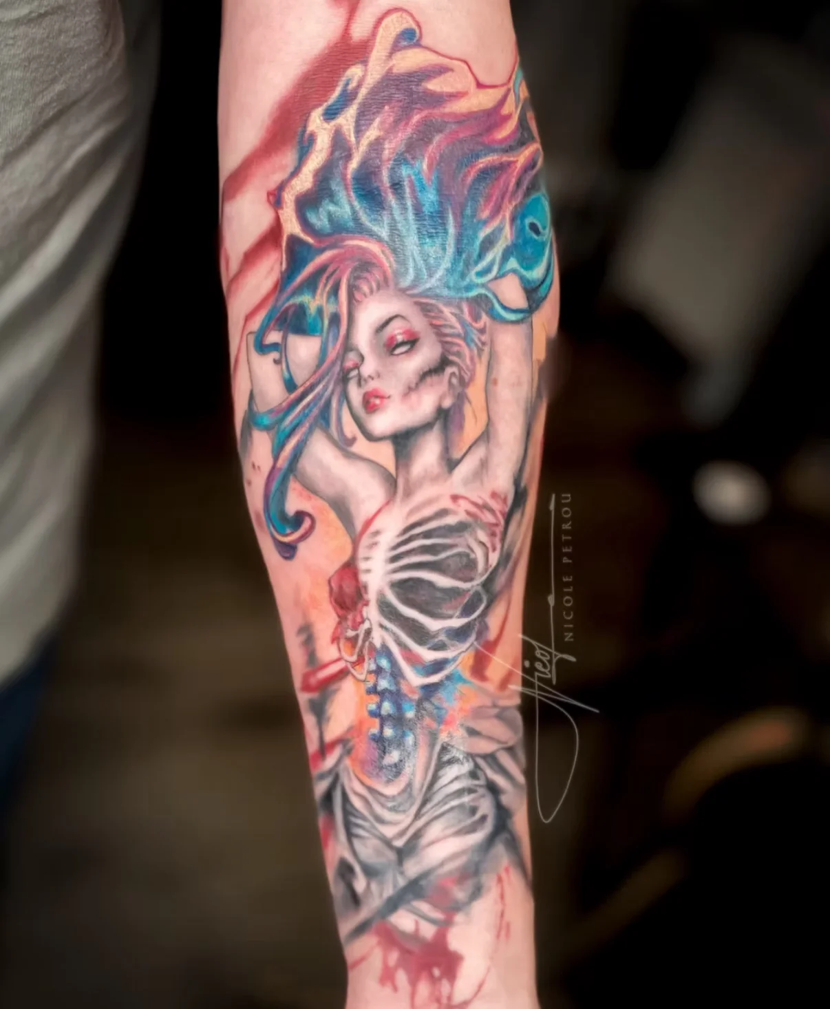 Pinup zombie color forearm: woman, skeleton, ribs, spine, hair, dark