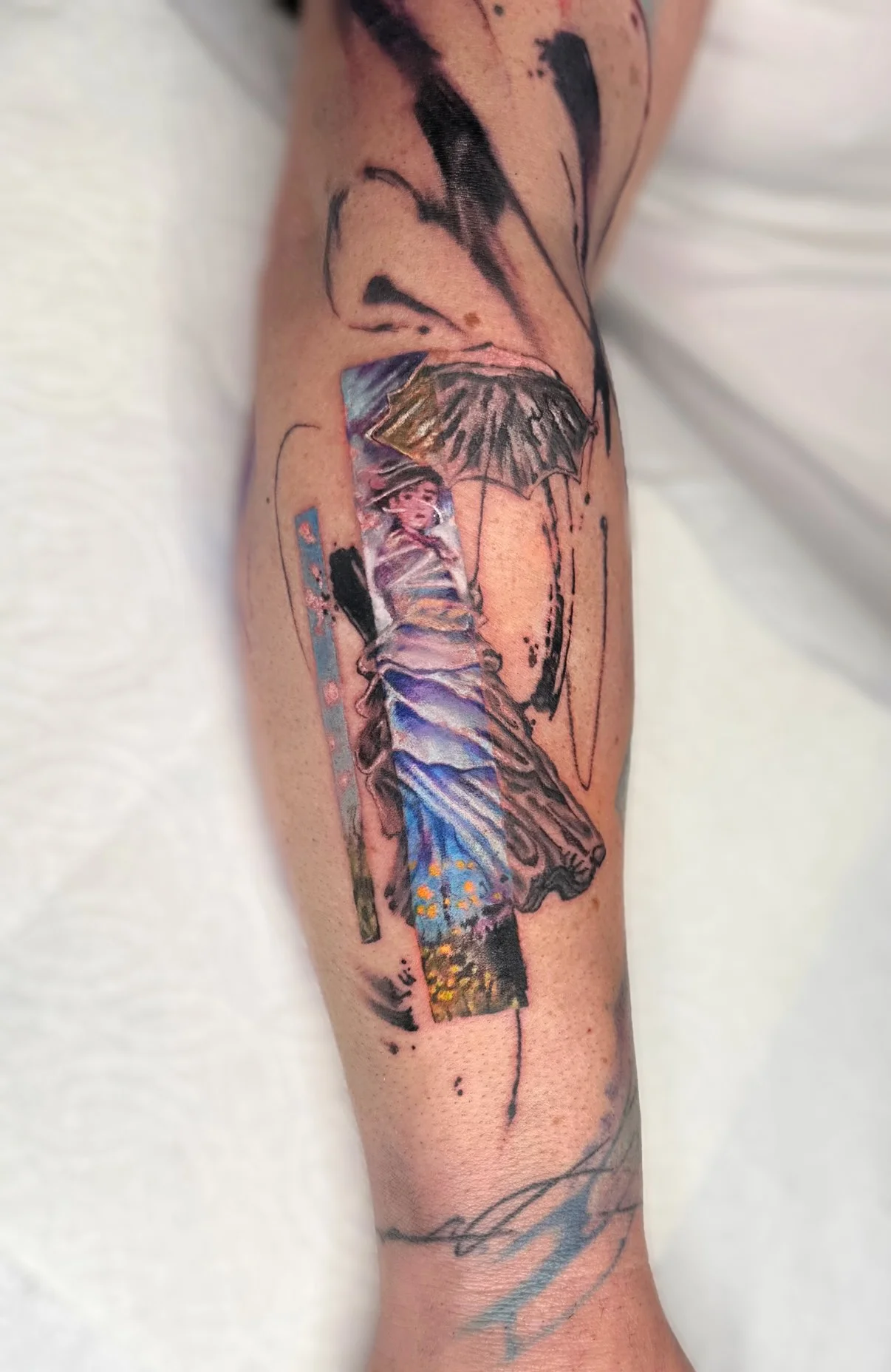 Color Realism tattoo by Nicole Petrou: woman, umbrella, monet, painting
