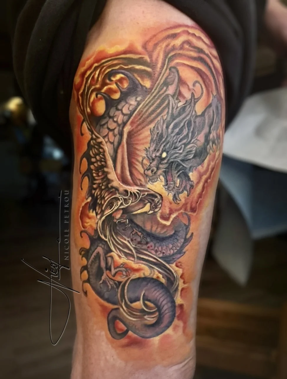 Illustrative tattoo by Nicole Petrou: color, watercolor, dragon, phoenix