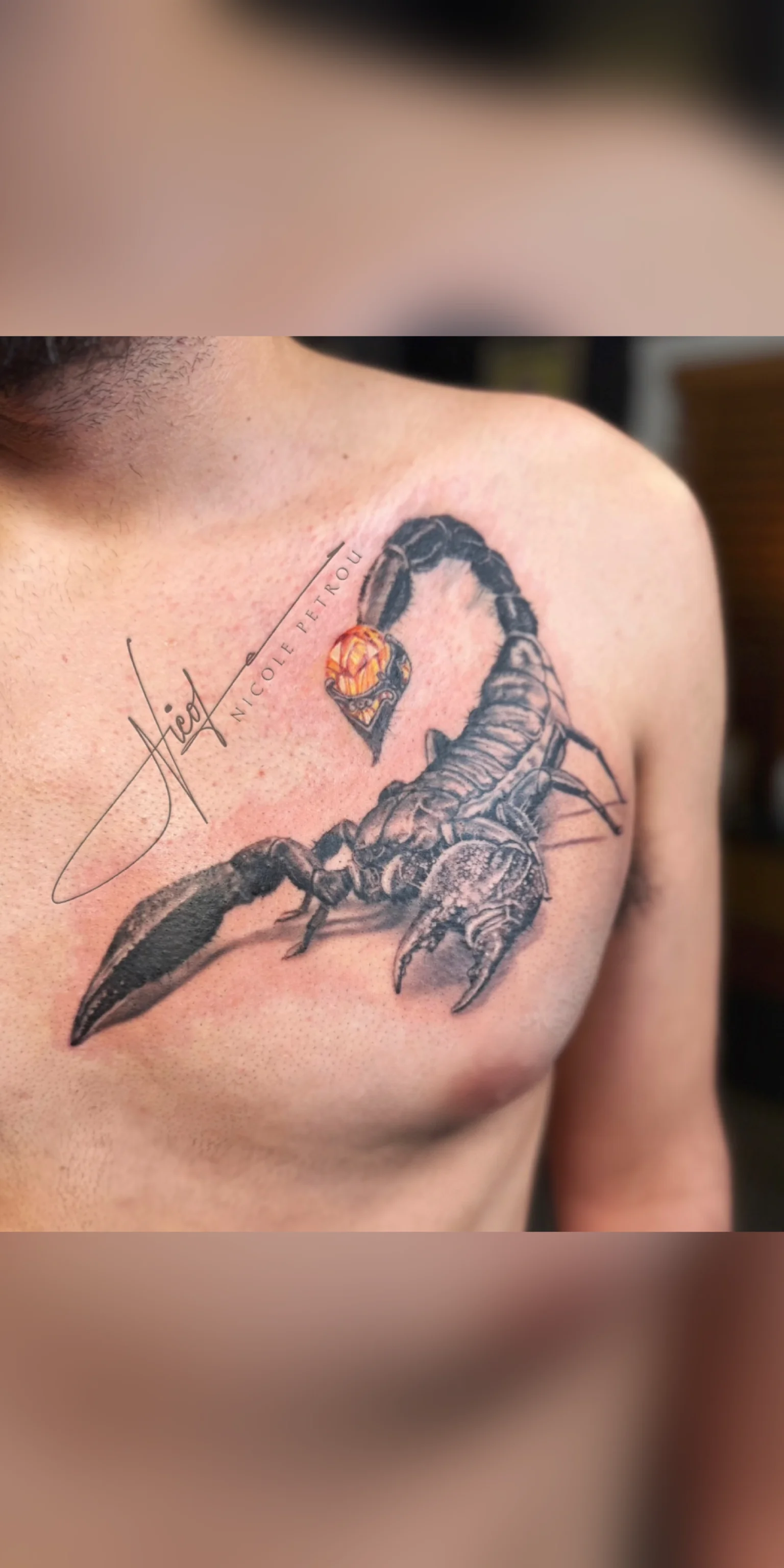 Black & Gray Realism tattoo by Nicole Petrou: scorpion, gemstone, animal, nature