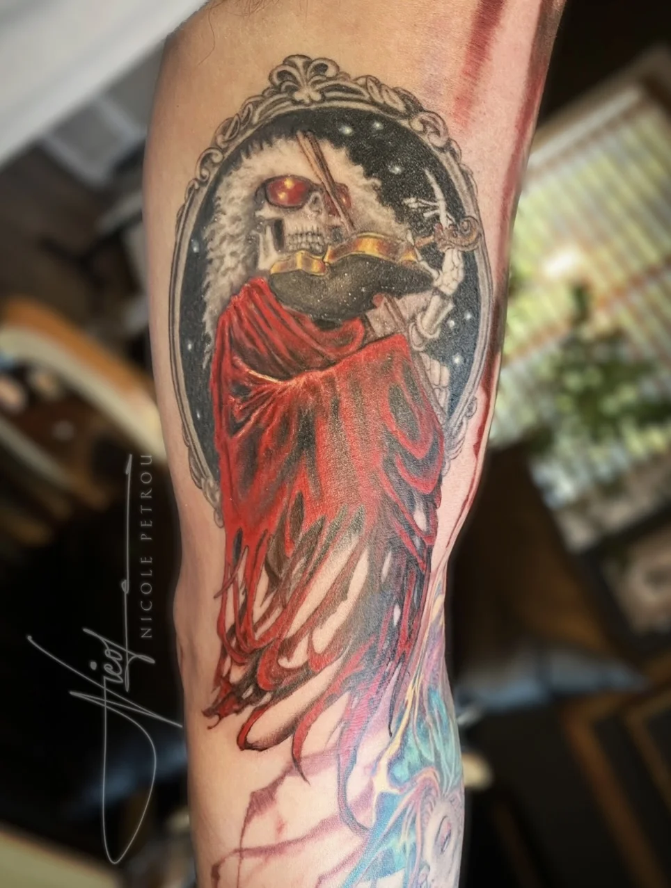 Skeleton Playing Violin Forearm, Grateful Dead album cover inspiration: skeleton, violin, violin bow, red cloak, mirror frame, night sky
