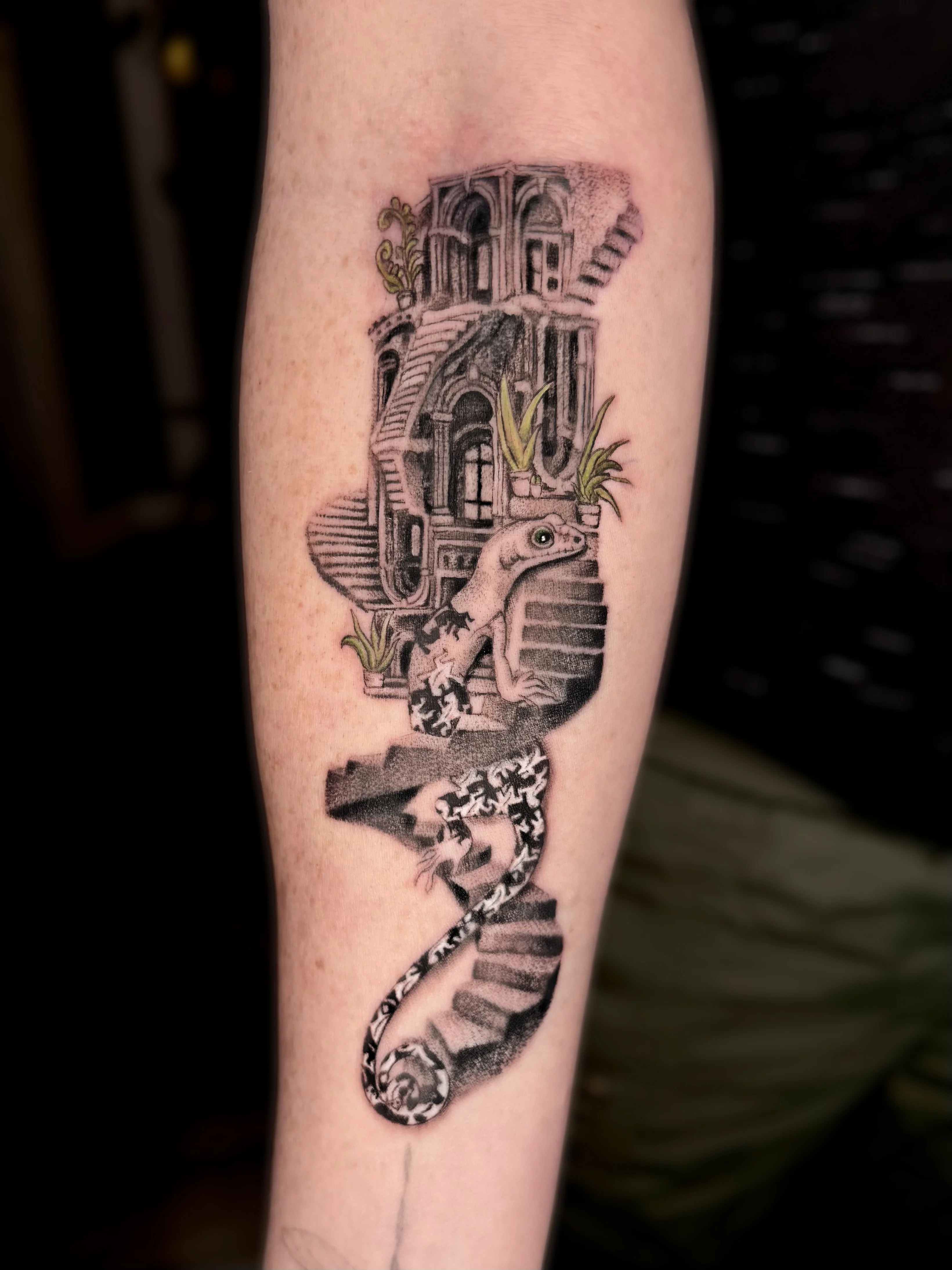 Black & Gray Realism tattoo by Nicole Petrou: gecko, mc escher, stairs, building