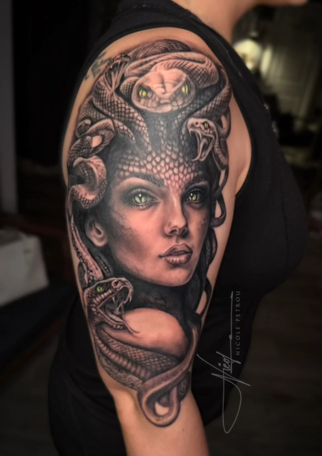 Medusa Black & Grey Half Sleeve: woman, snake, serpent, scales, eyes, mythology