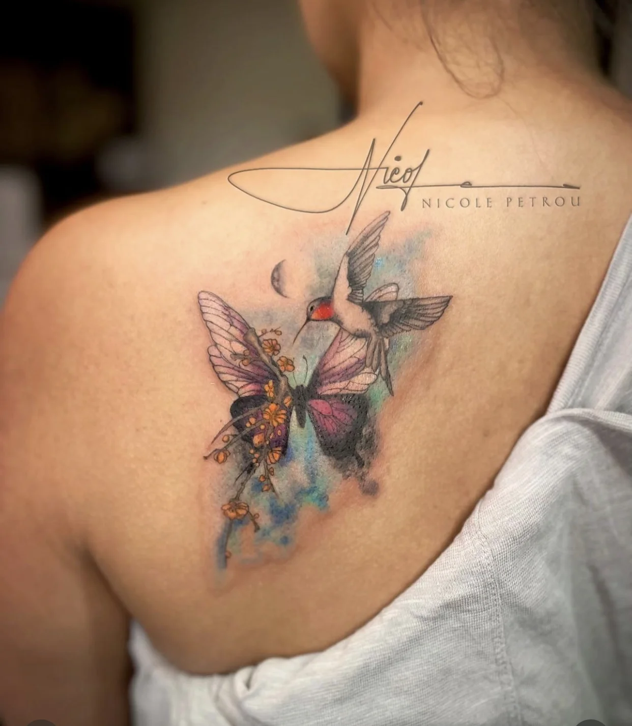 Hummingbird and Butterfly Back Piece: hummingbird, butterfly, moon, flowers, nature, animal