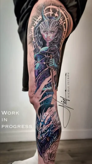Fantasy Woman and Dragon Full Leg Sleeve wip