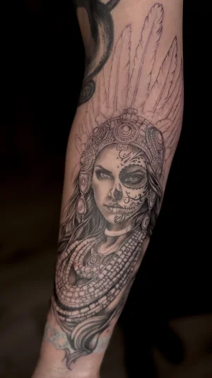 Feminine Black & Grey Aztec warrior princess wip