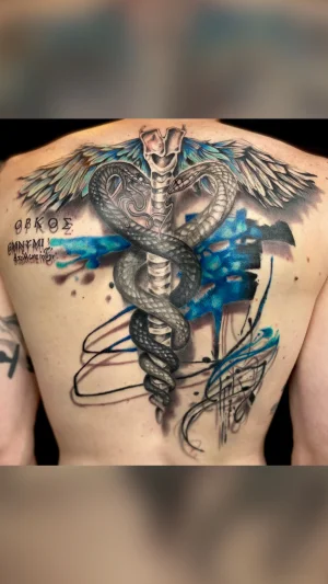 Rod of Asclepius color/ black and Grey Back Piece