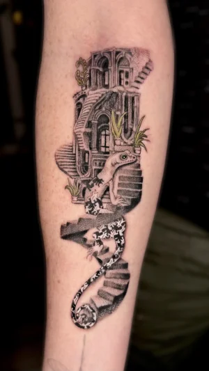 MC Escher inspired fine line Tattoo