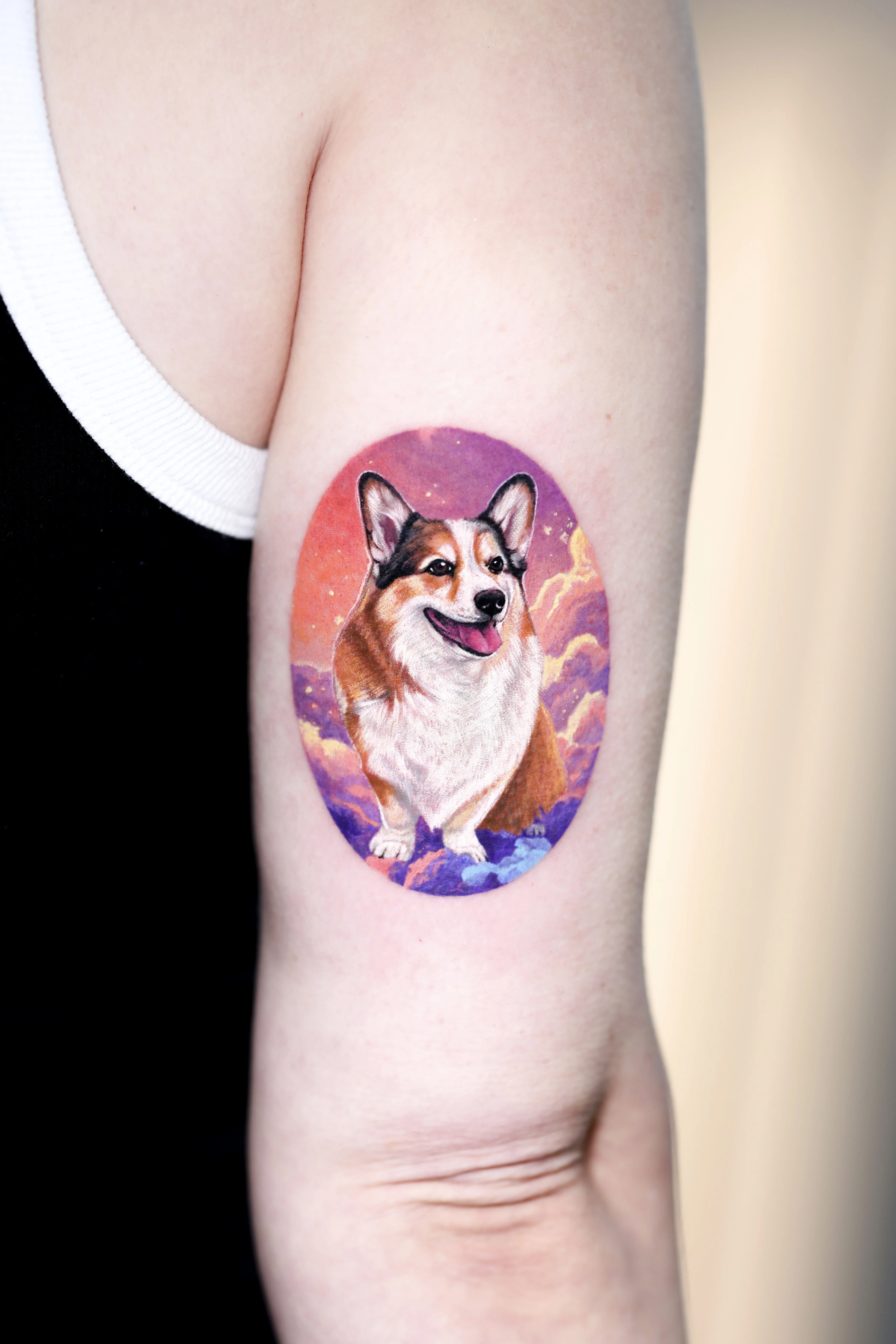Color Realism tattoo by Dokhwa: dog, corgi, sky, clouds