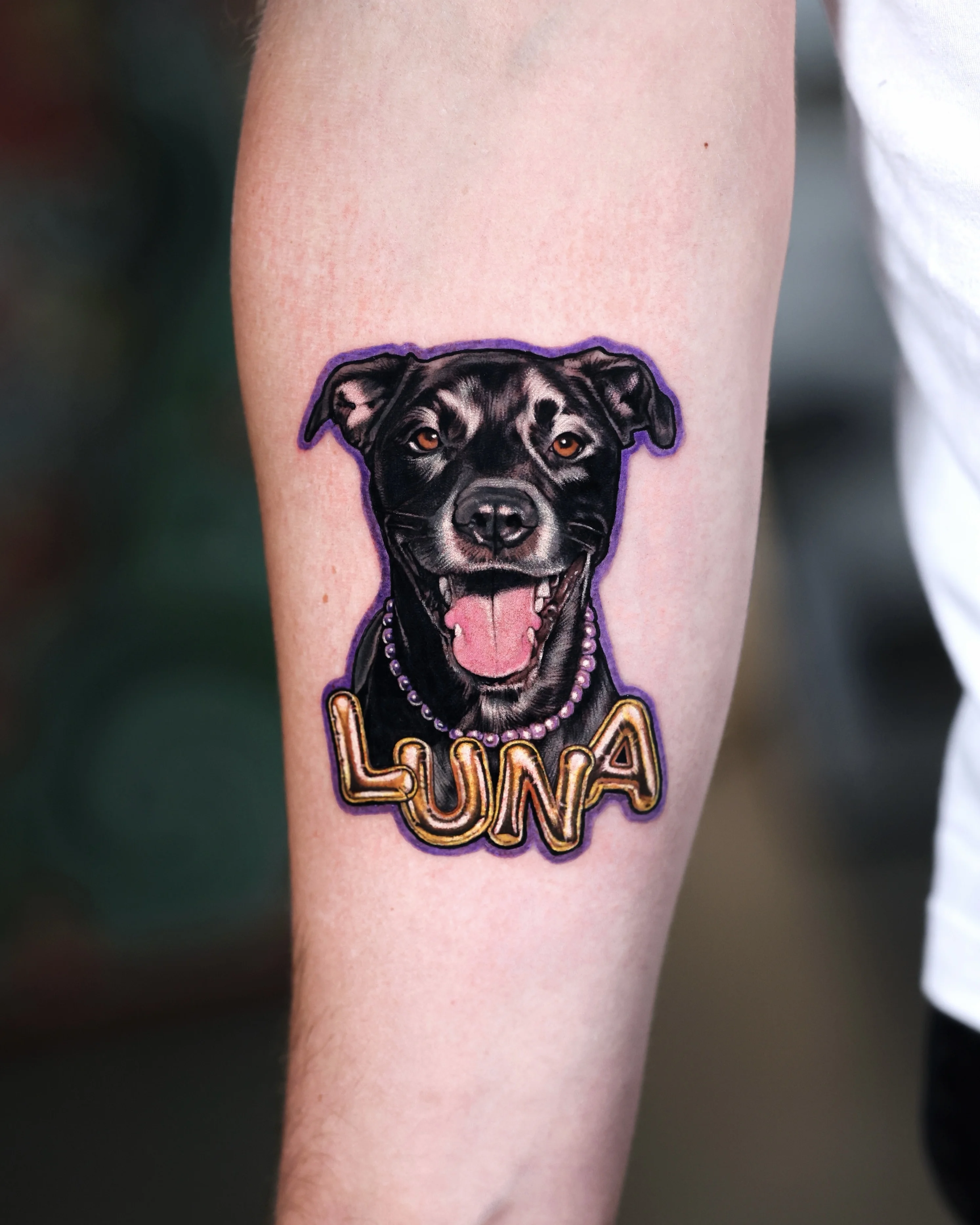 Color Realism tattoo by Dokhwa: dog, collar, name lettering, animal