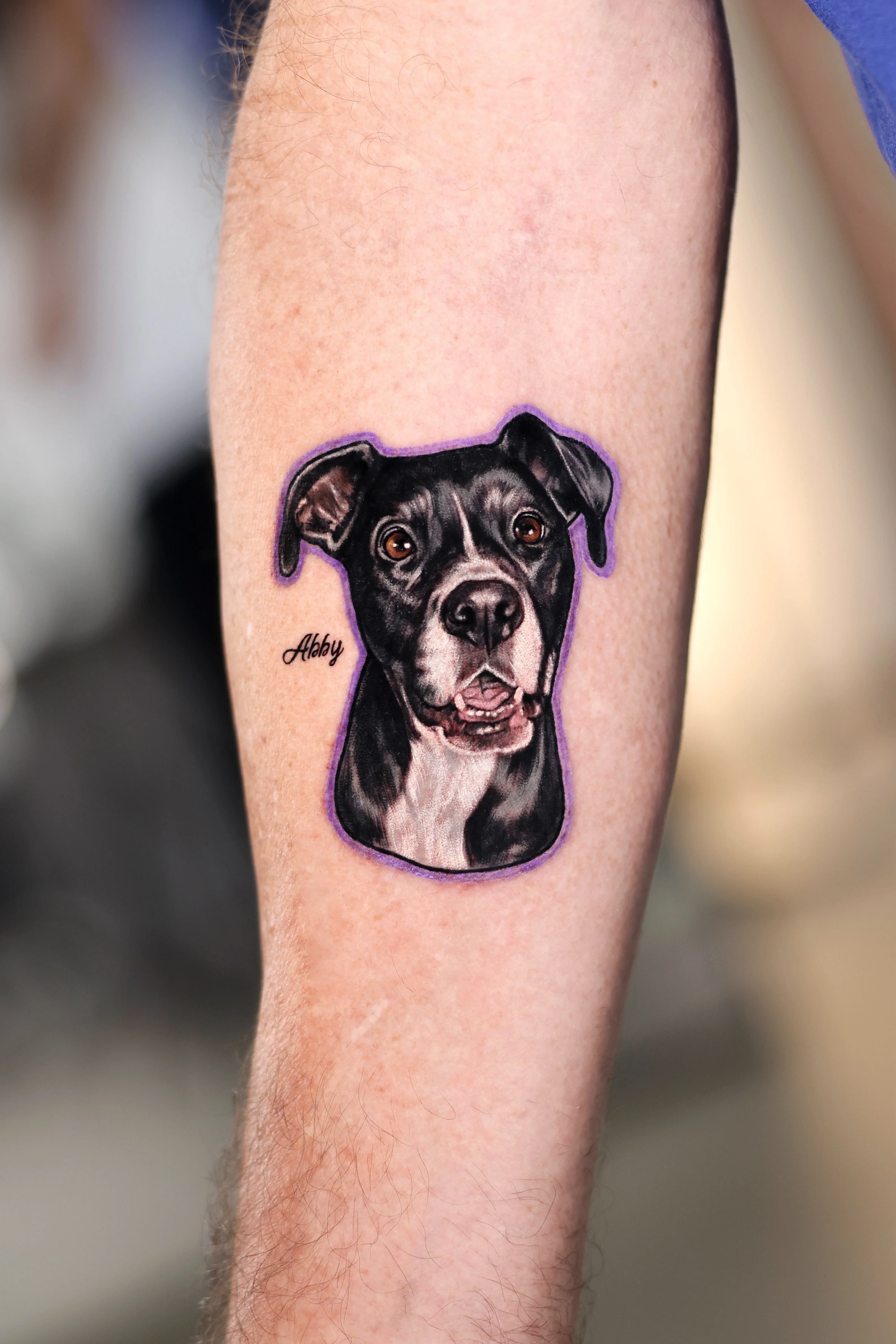 Color Realism tattoo by Dokhwa: dog, pitbull, pet portrait, dog face