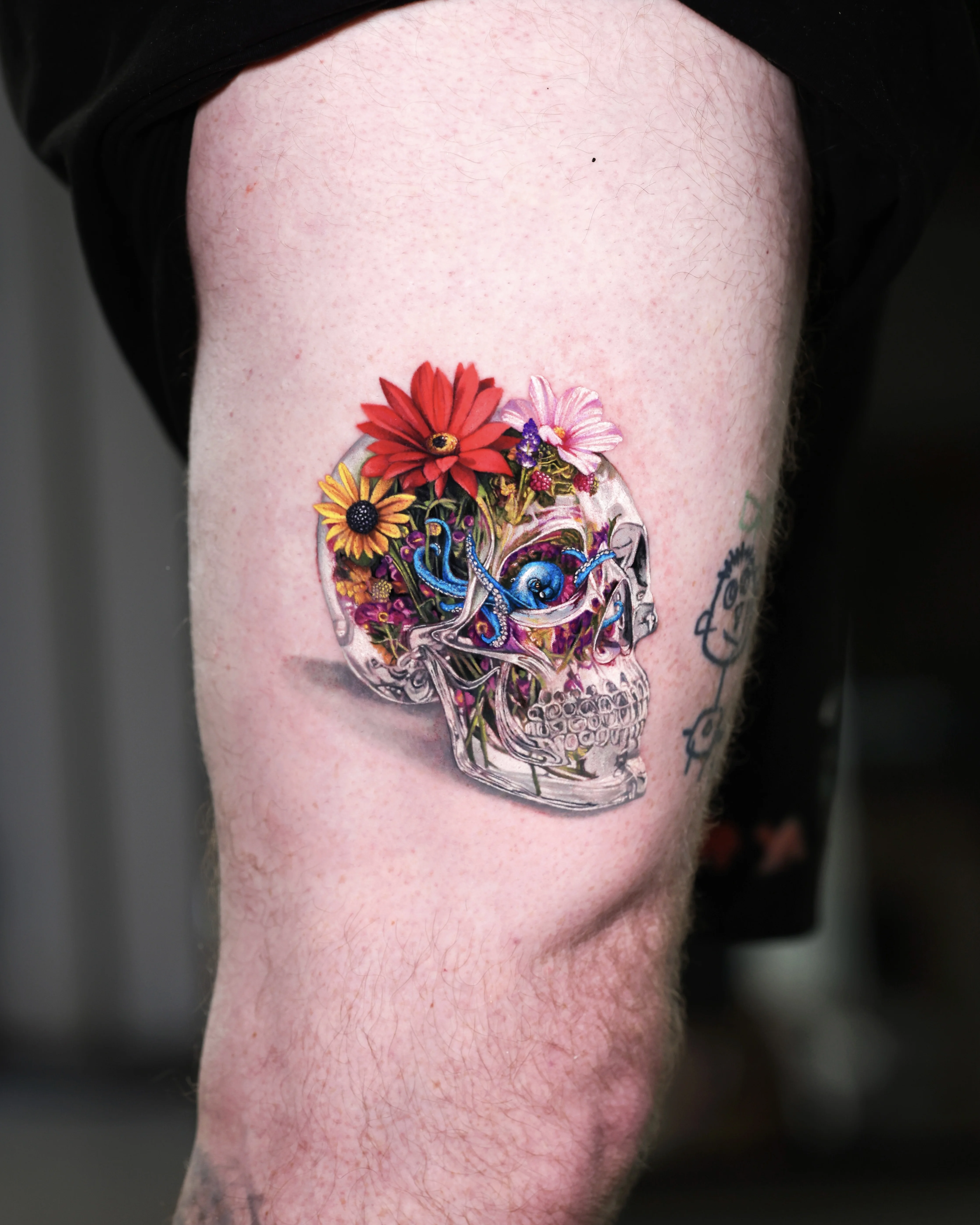 Color Realism tattoo by Dokhwa: skull, flowers, octopus, floral