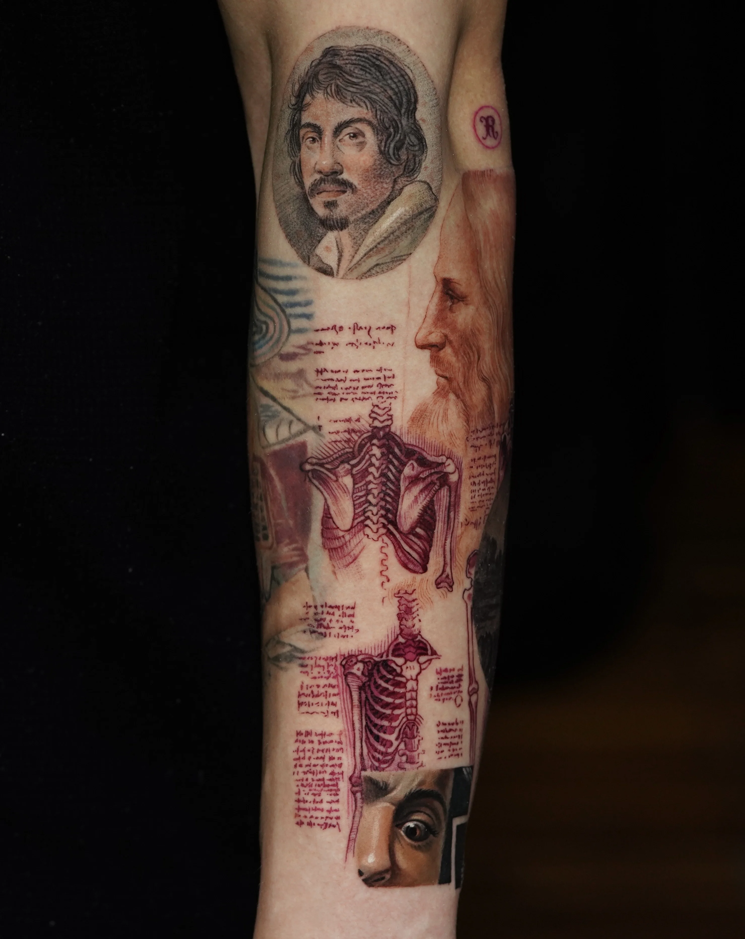 Black & Gray Realism tattoo by Q tattoo: portrait of man, profile of man, skeleton anatomy, human ribcage