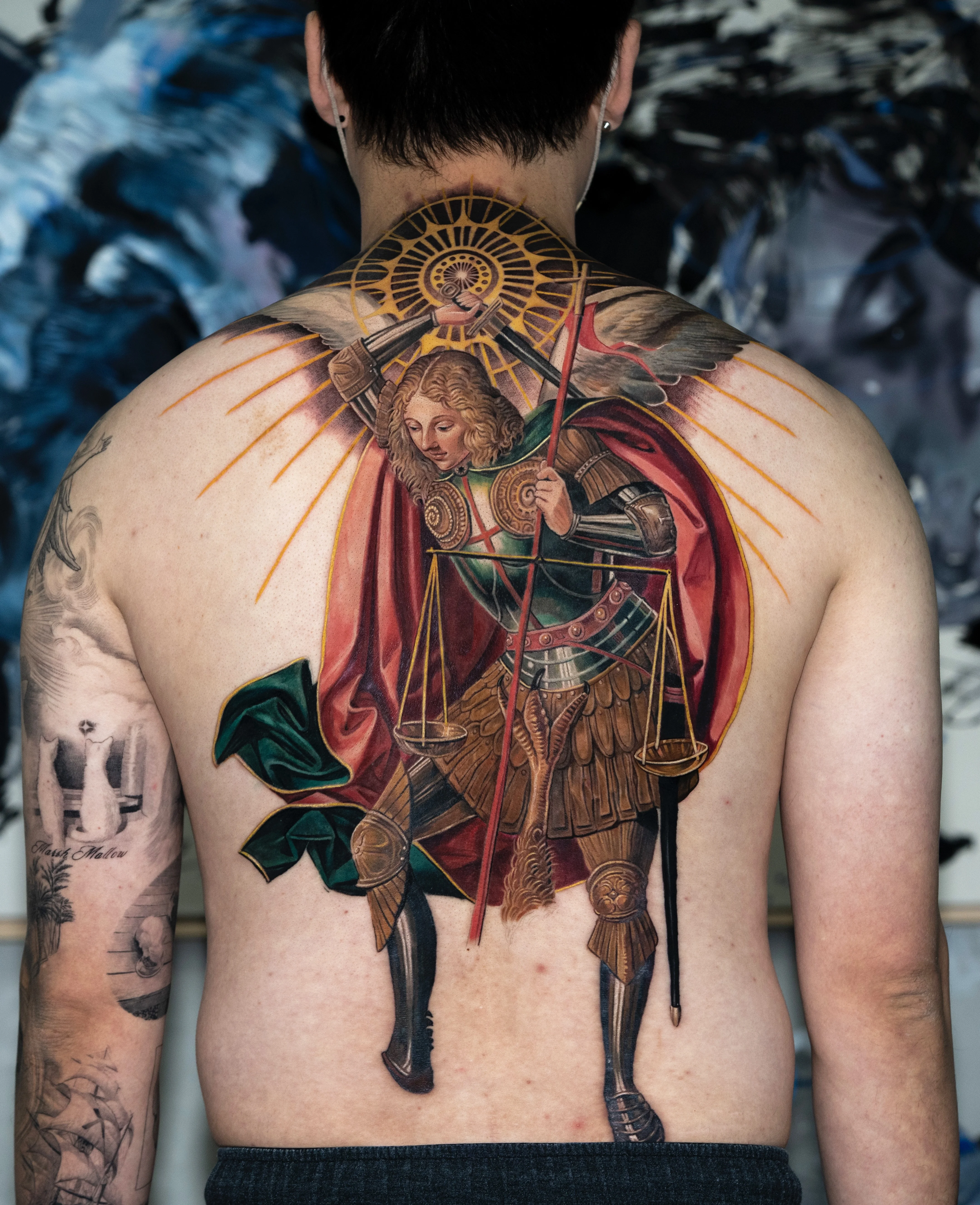 Color Realism tattoo by Q tattoo: angel, scales, armor, spear