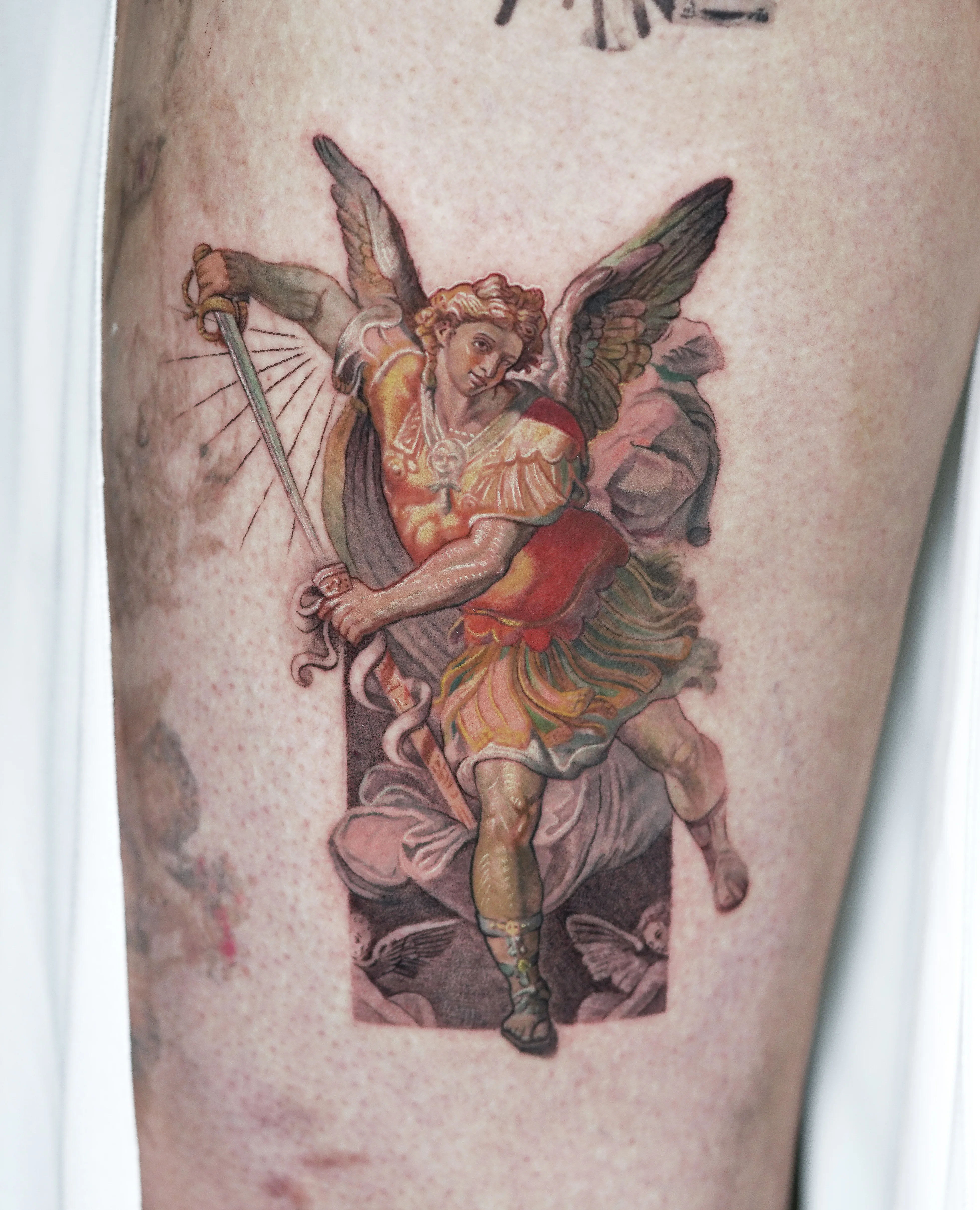 Color Realism tattoo by Q tattoo: angel, sword, wings, armor
