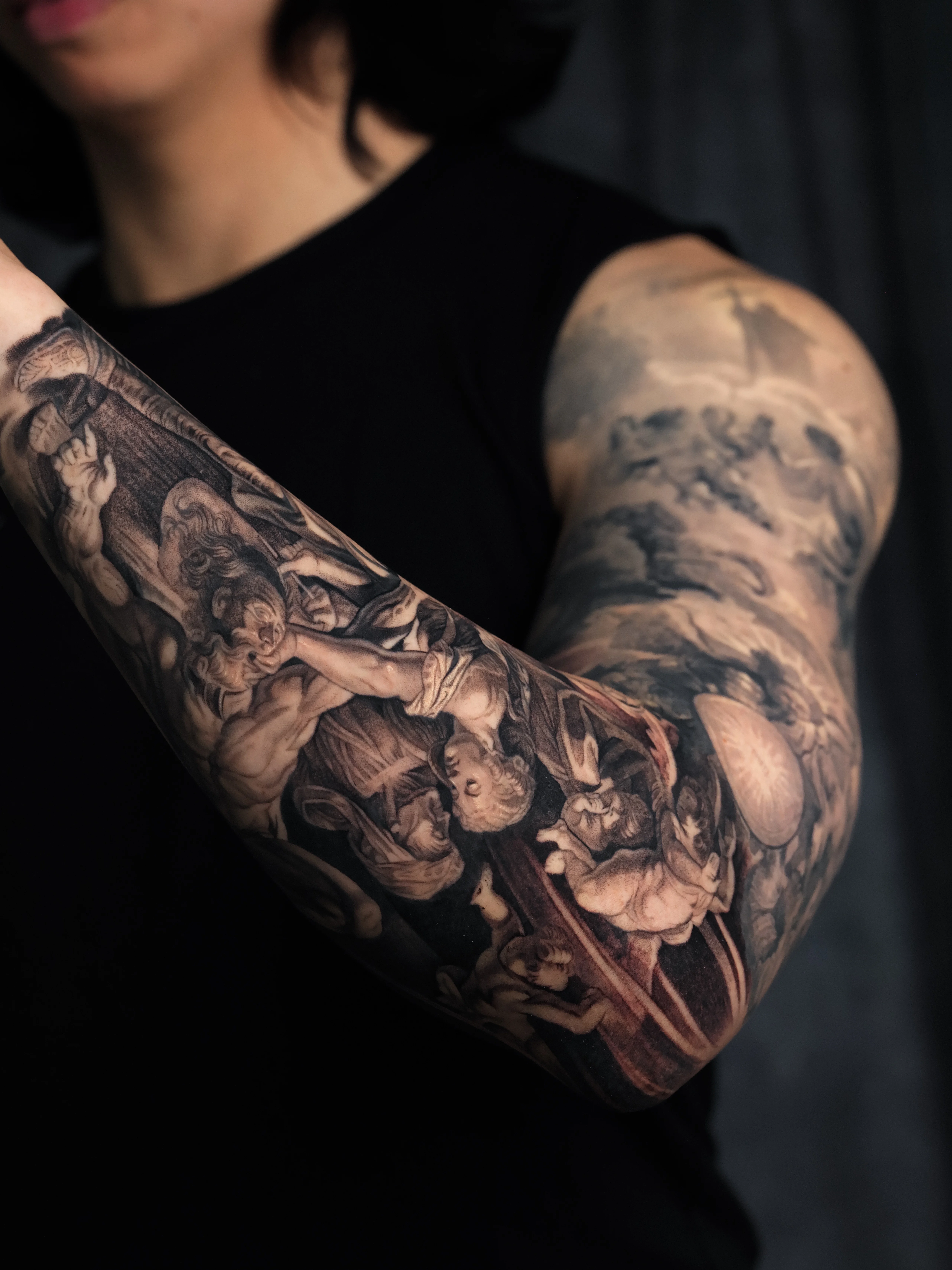 Black & Gray Realism tattoo by Q tattoo: angels, babies, clouds, light rays