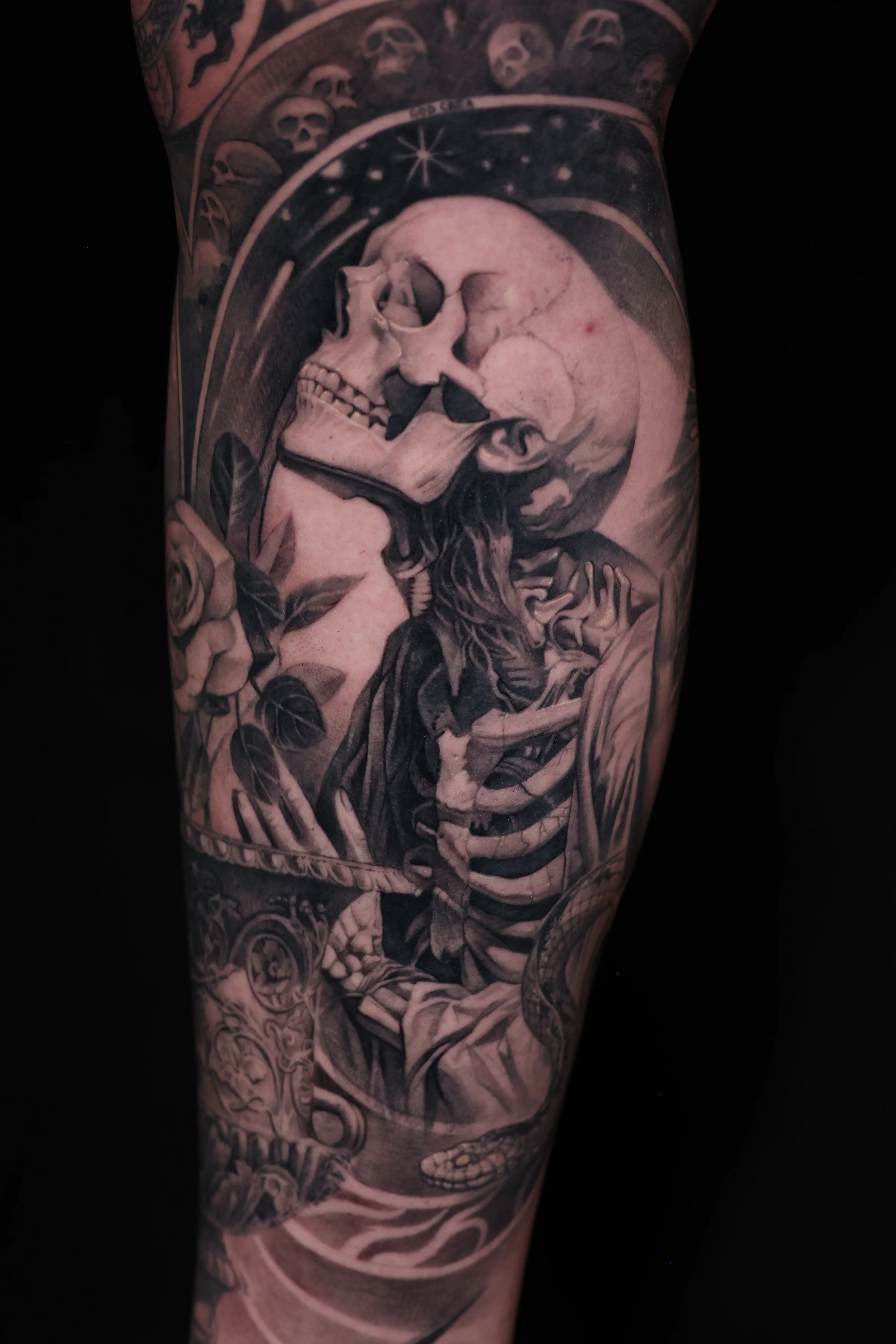 Black & Gray Realism tattoo by Q tattoo: skeleton, skull, rose, snake