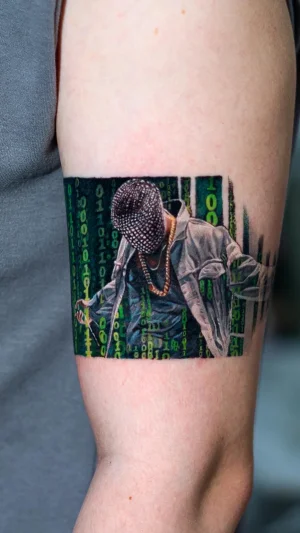 Masked Figure with Digital Code