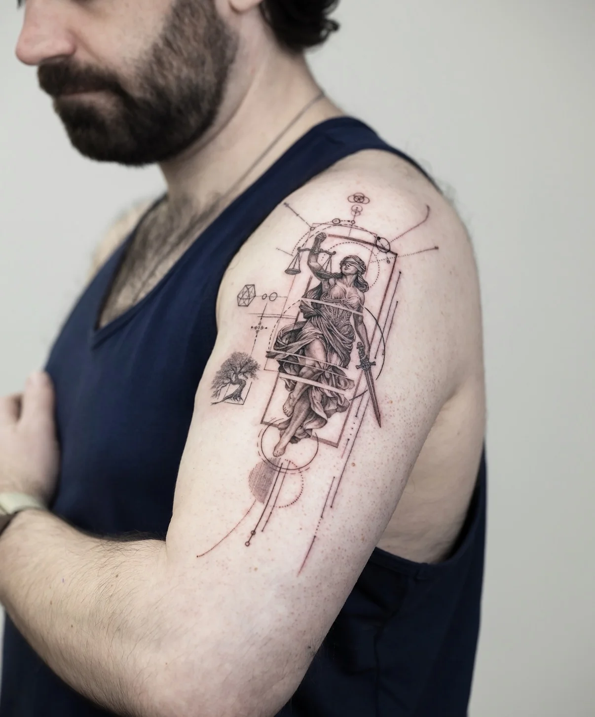 Fine Line tattoo by Kimshine: lady justice, scales, sword, geometric shapes