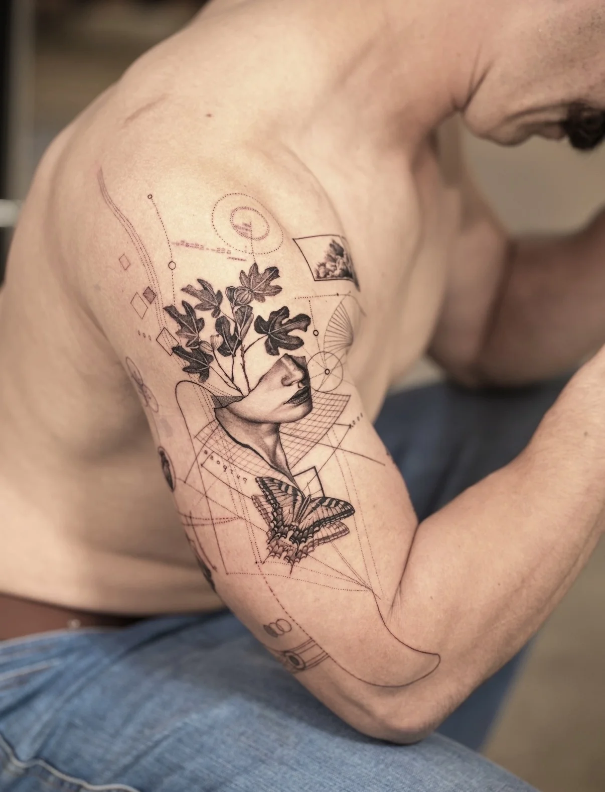 Fine Line tattoo by Kimshine: woman, fig leaf branch, butterfly, geometric shapes