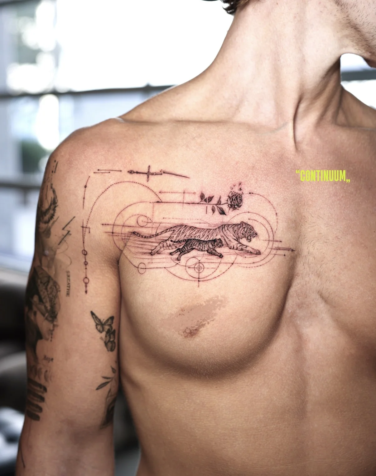 Fine Line tattoo by Kimshine: tiger, cub, sword, rose