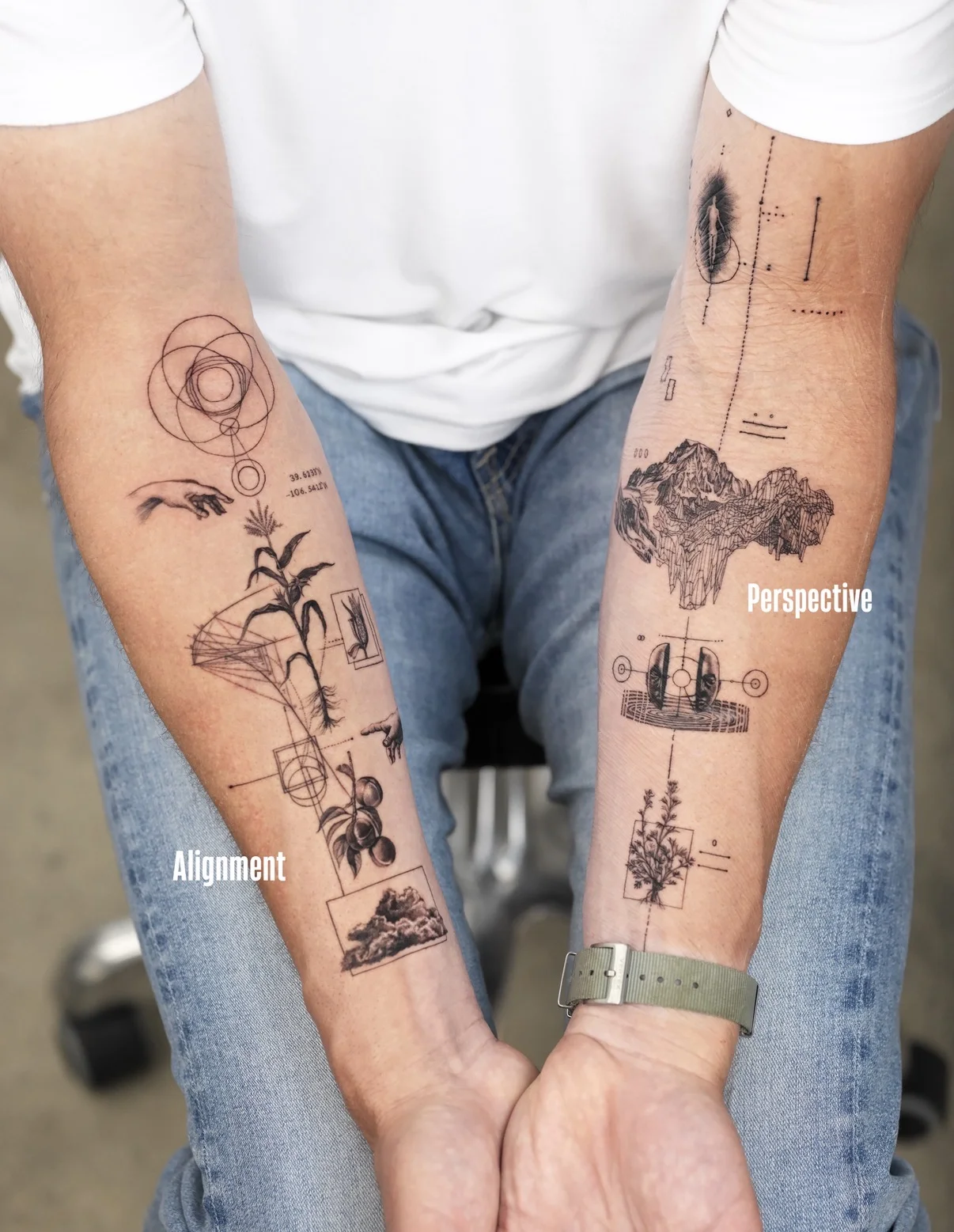 Fine Line tattoo by Kimshine: corn plant, mountains, hands, feather
