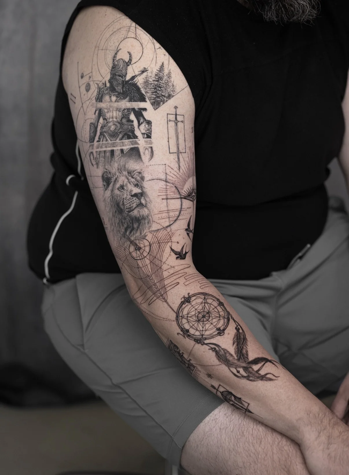 Black & Gray Realism tattoo by Kimshine: samurai, lion, sword, forest trees