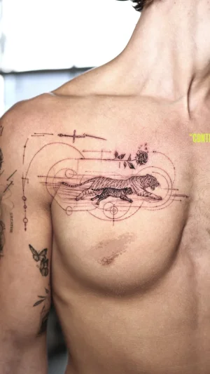 Fine Line Tiger Chest Piece
