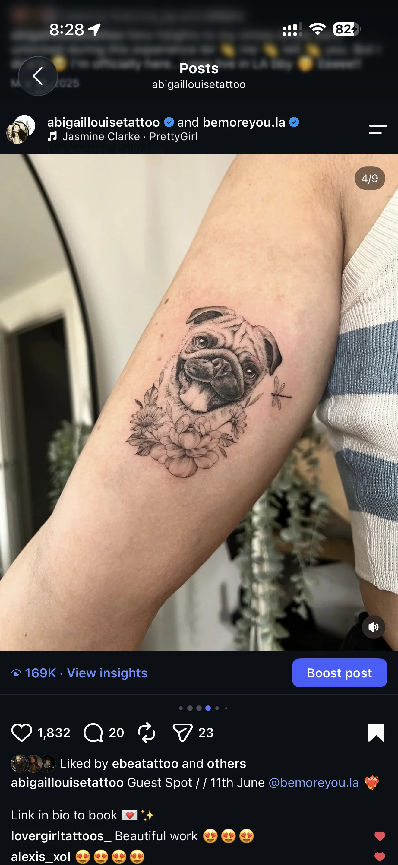 Realistic Pug Floral Upper Arm: pug, flower, dragonfly, animal, floral, nature